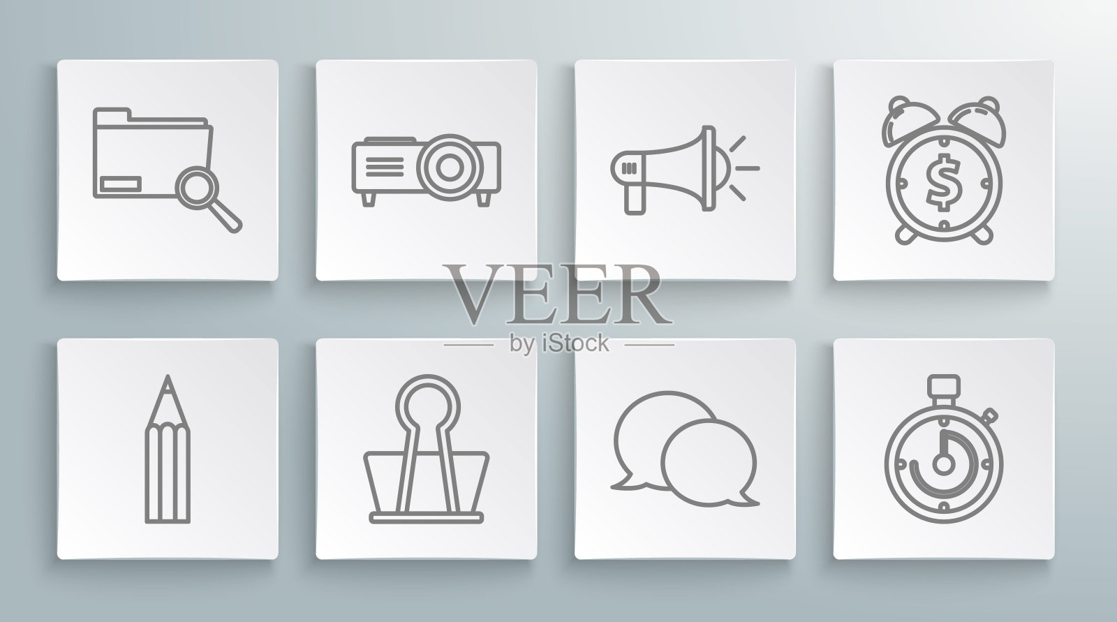 集线铅笔，演示文稿，电影，电影，媒体投影仪，活页夹，语音气泡聊天，公文包，扩音器，闹钟与美元符号和搜索概念文件夹图标。向量图标素材