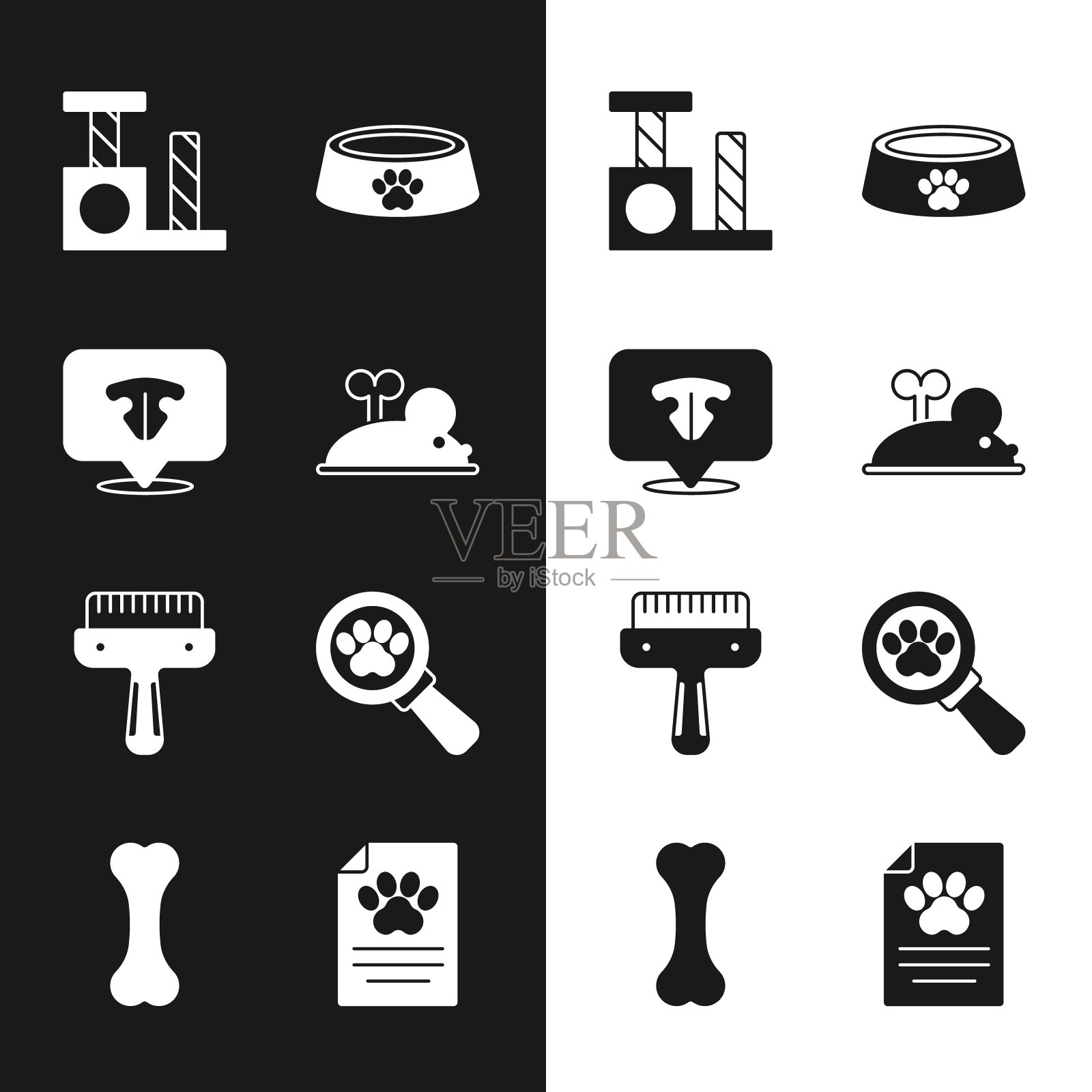 集发条鼠标，猫鼻子，抓挠后，宠物食品碗，毛刷狗和猫，兽医诊所，临床记录宠物和狗骨图标。向量插画图片素材