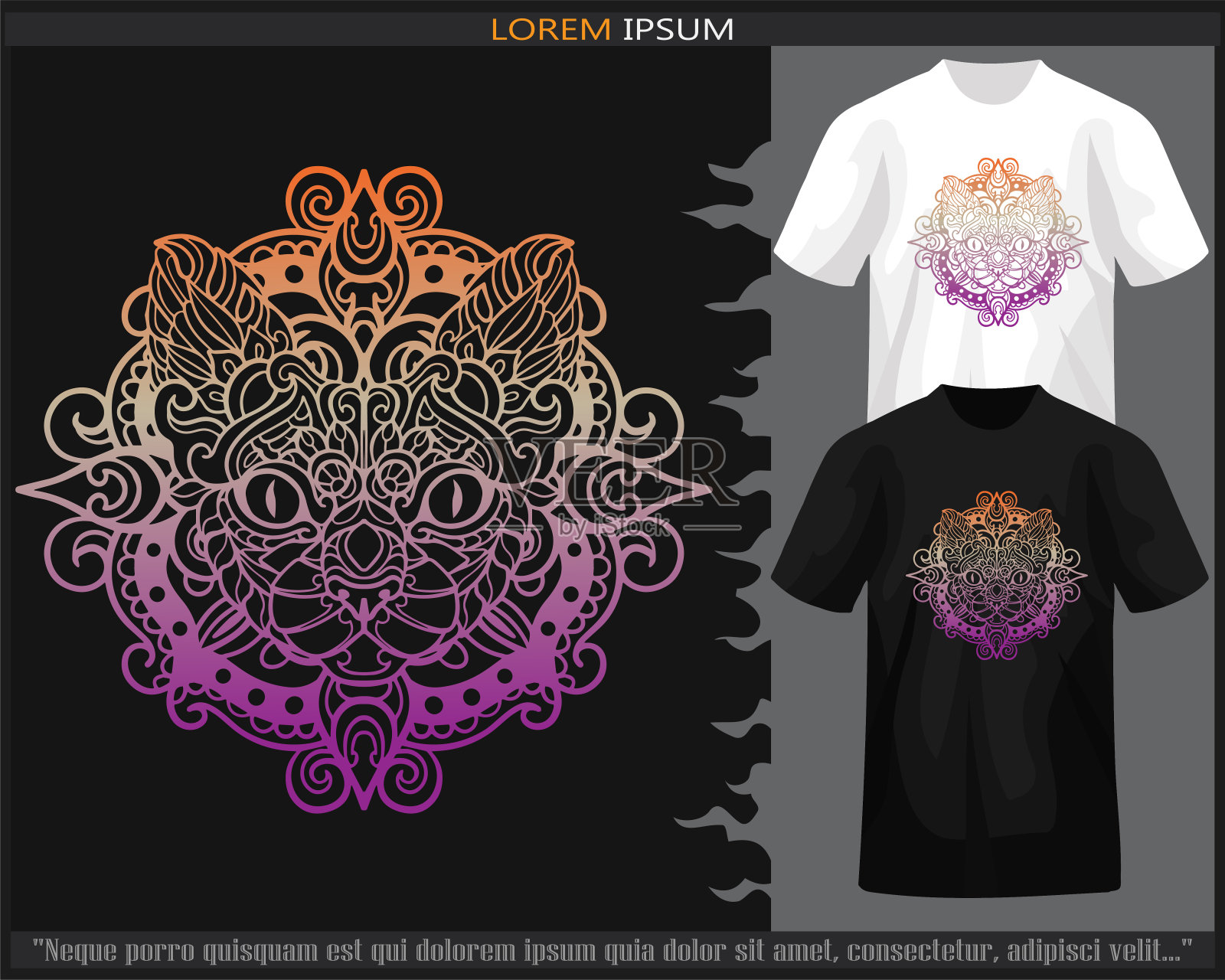 渐变彩色猫头曼陀罗艺术隔离在黑白t恤。插画图片素材