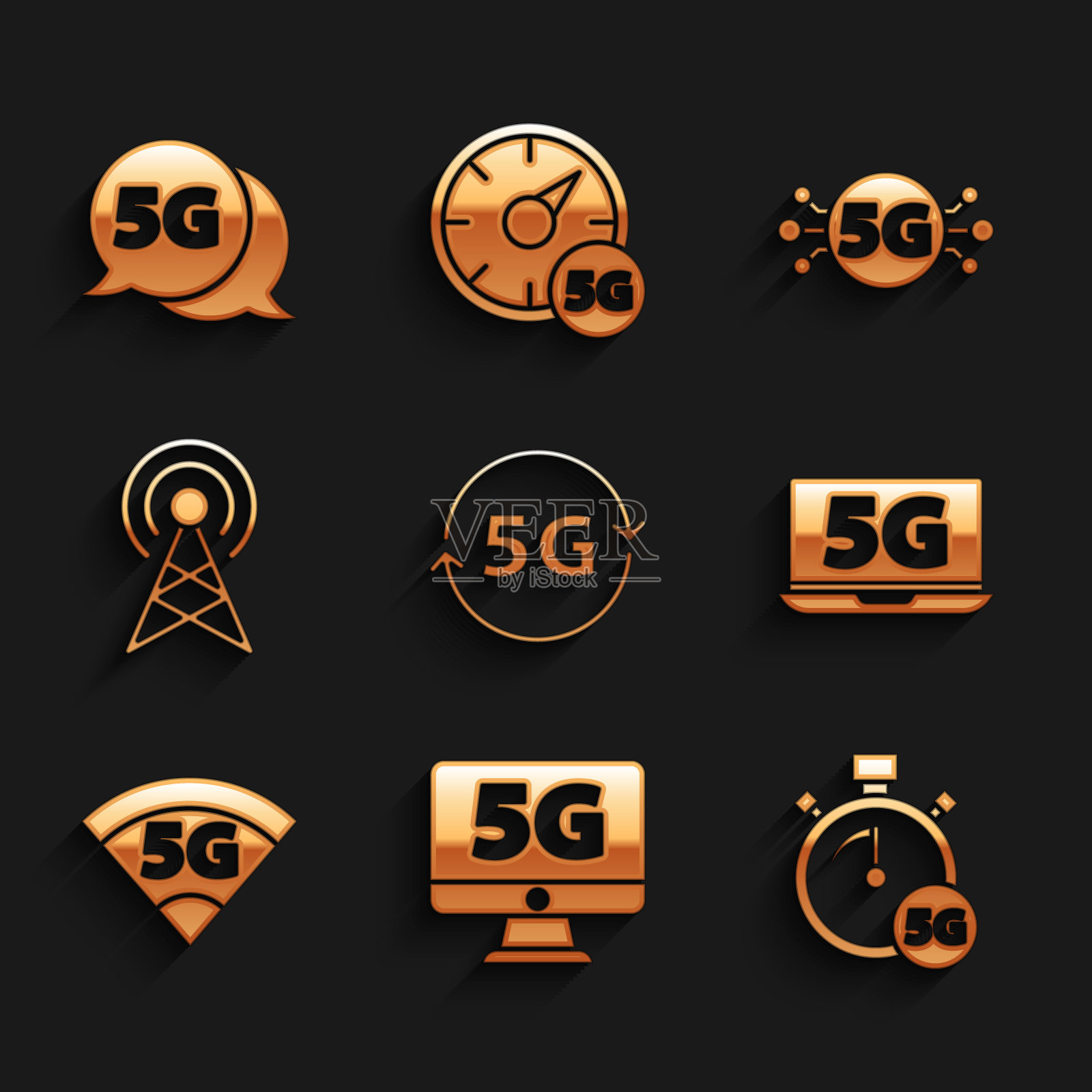 设置5G网络、监视器、数字速度计、笔记本电脑、天线和图标。向量图标素材