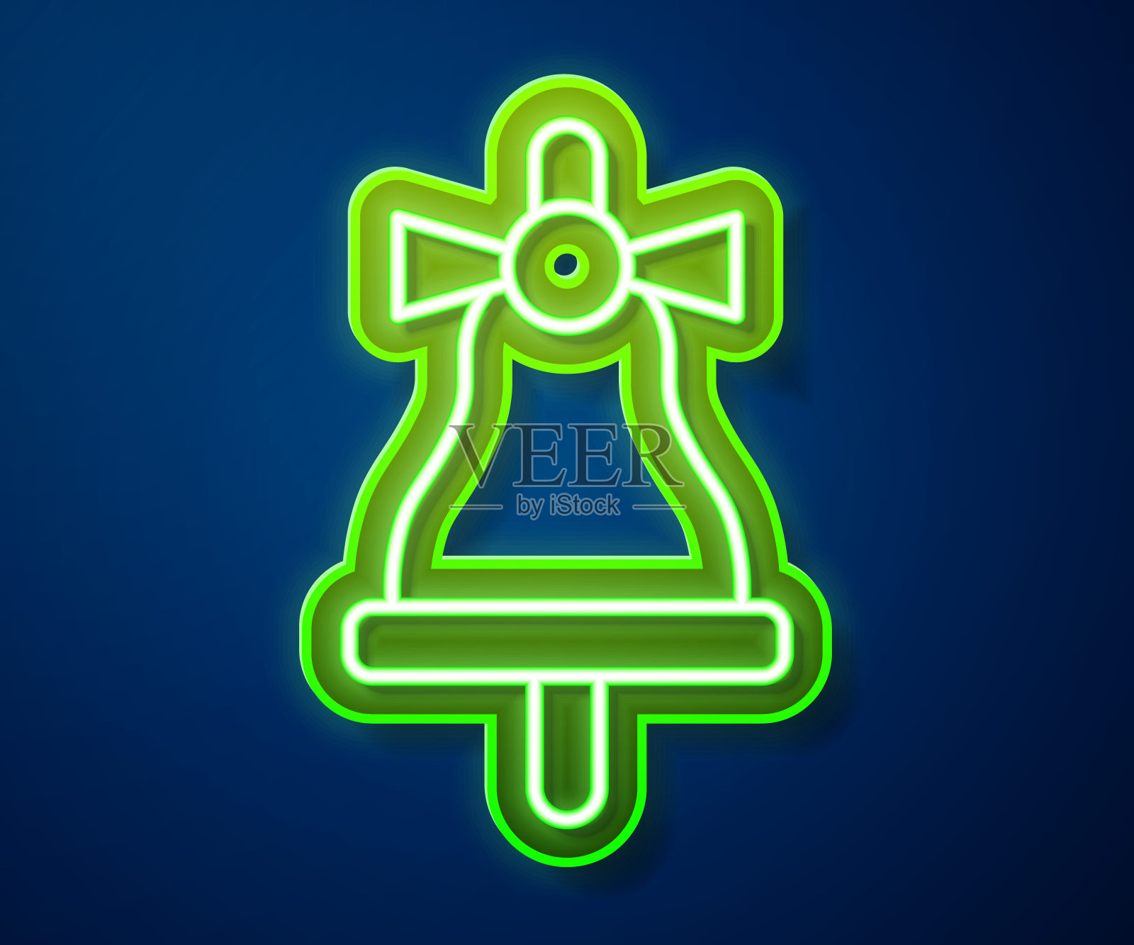 蓝色背景上的圣诞铃铛发光霓虹灯矢量图标插画图片素材