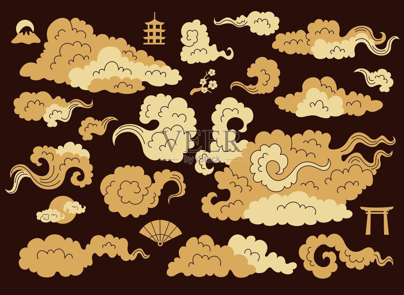 一套东方日本风格的元素插画图片素材