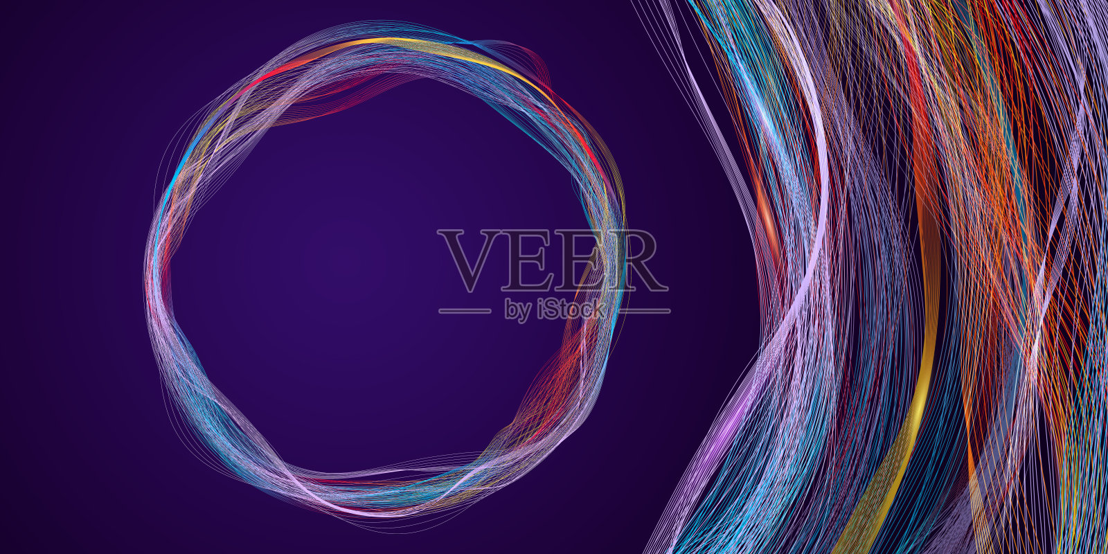 声音音乐动态未来的概念。摘要径向波背景。紫色背景上的许多彩色波浪径向线和圆形波浪元素带有复制空间照片摄影图片