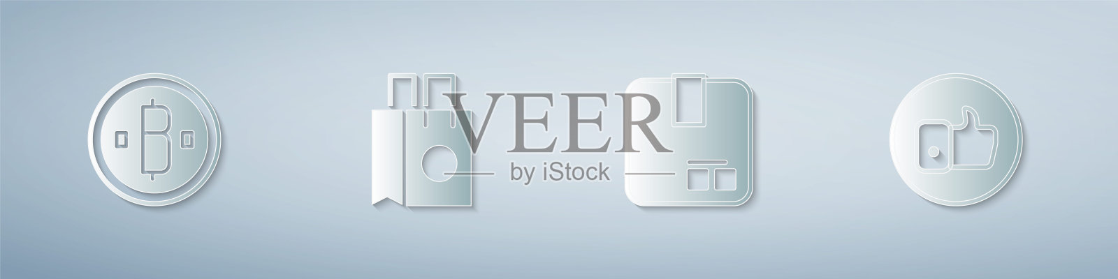 集加密货币比特币，纸质购物袋，纸箱纸箱和手喜欢。纸艺风格。向量插画图片素材