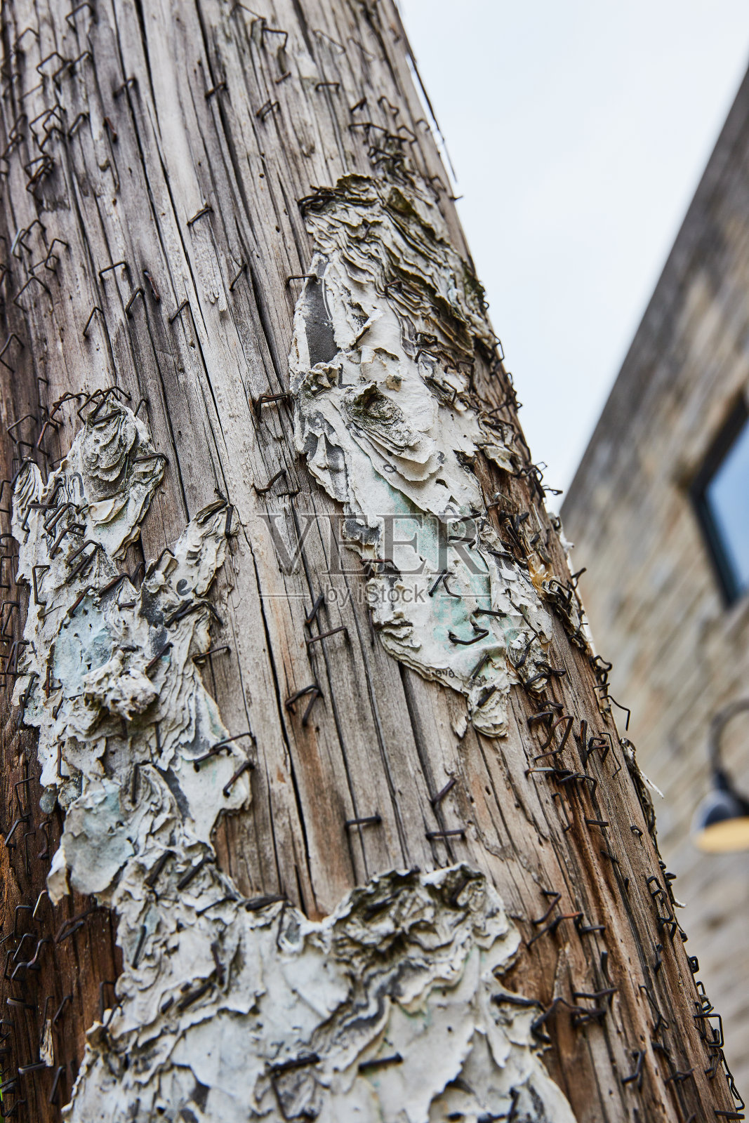 电线杆的细节被撕破的纸和订书钉覆盖着照片摄影图片