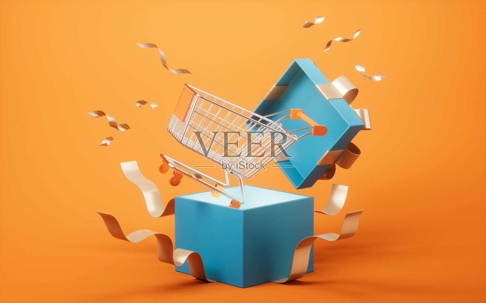 礼盒和购物车，3d渲染。照片摄影图片