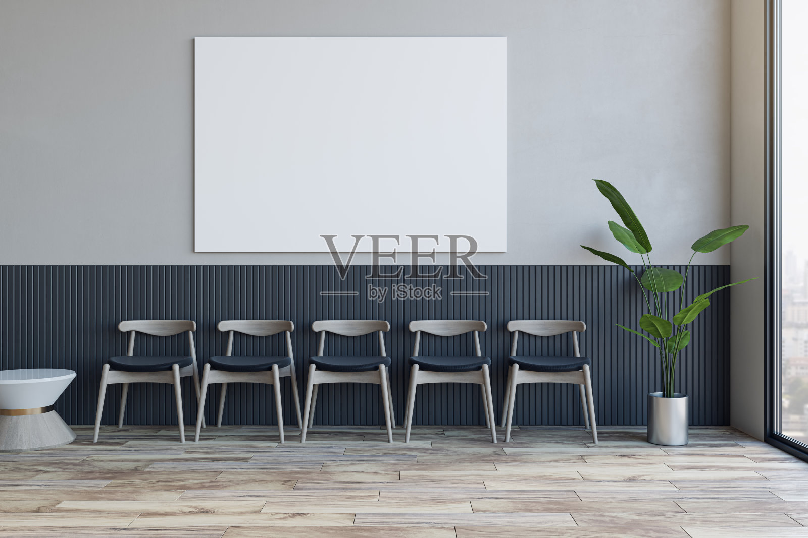 办公室大厅，墙上挂着空的模拟海报，等候座位，有城市景观的窗户和木地板。3 d渲染。照片摄影图片