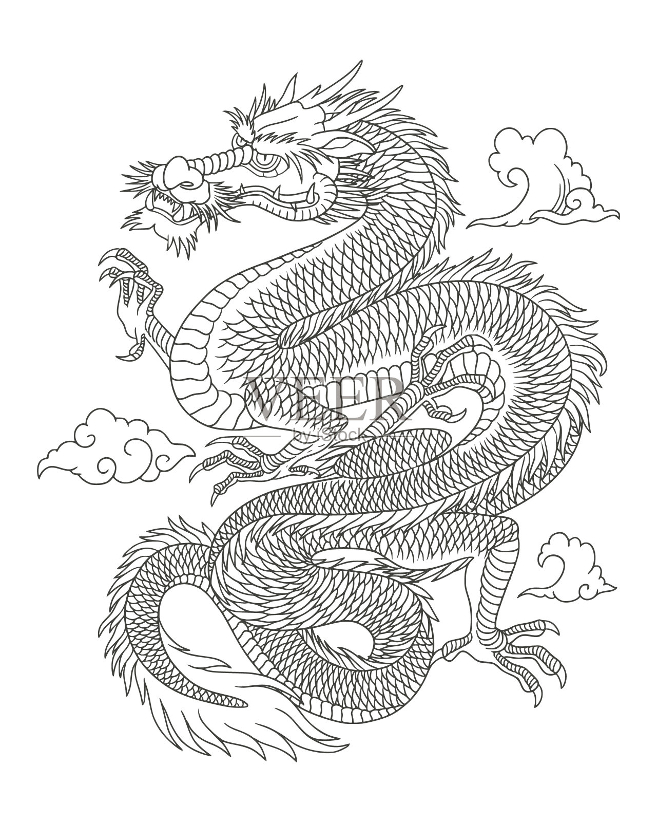 龙的线条艺术孤立在白色的背景。向量illusration插画图片素材