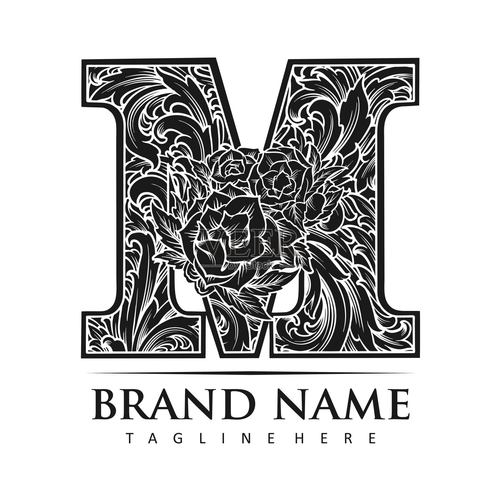 经典的首字母字体繁盛优雅的装饰单色标志插画图片素材