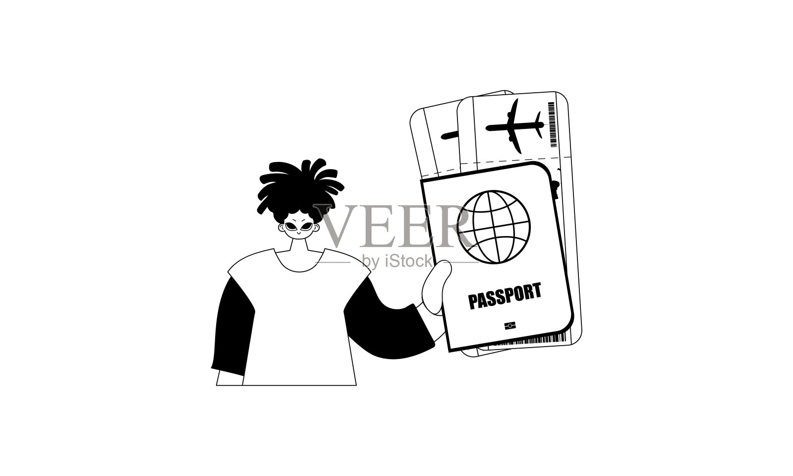 这个人持有一张全面的身份证，可以看到门票。旅游的话题。可怜的白线工艺。时尚的风格，矢量插图插画图片素材