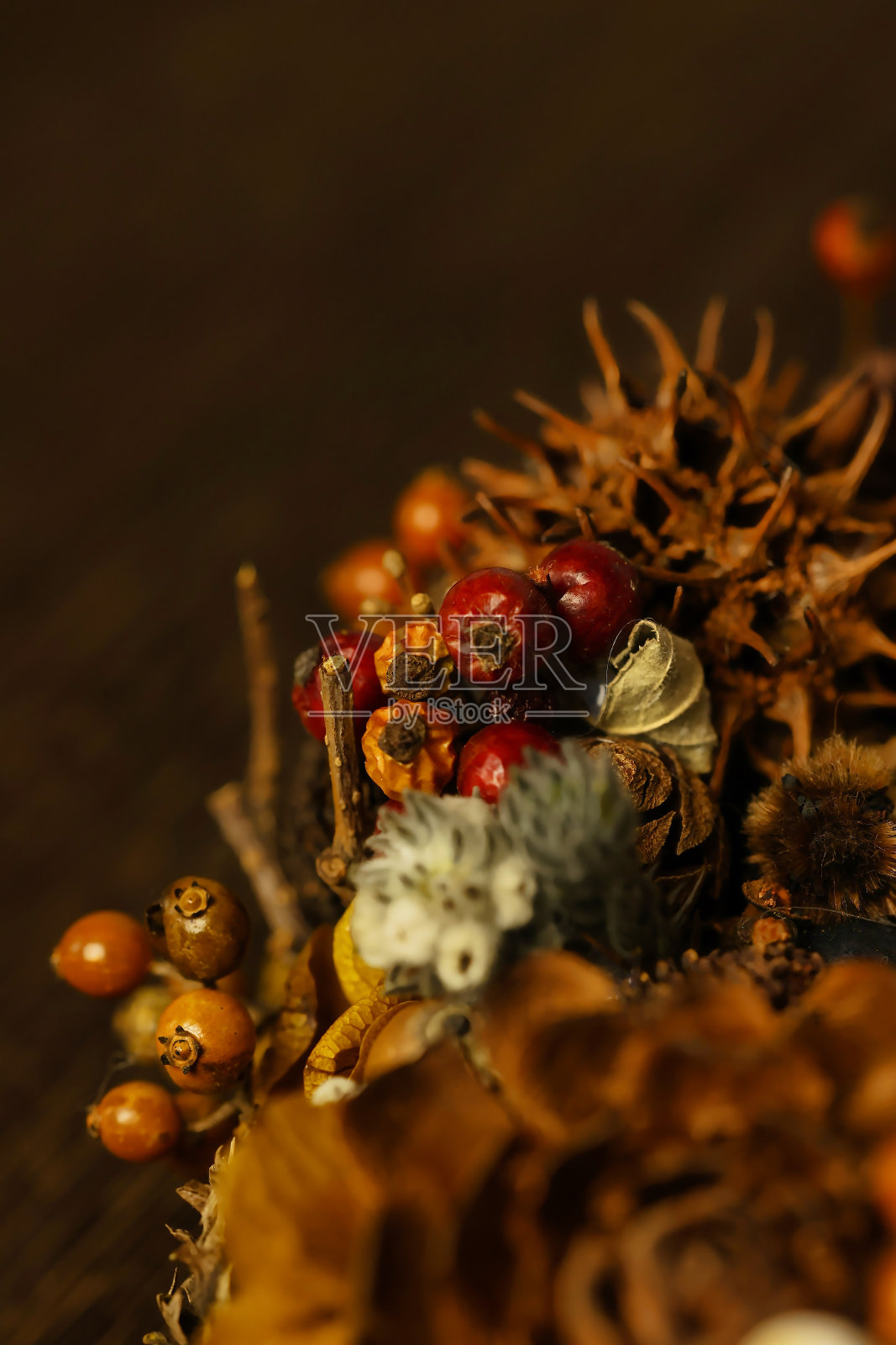 特写的一个别致的圣诞花环与许多坚果照片摄影图片