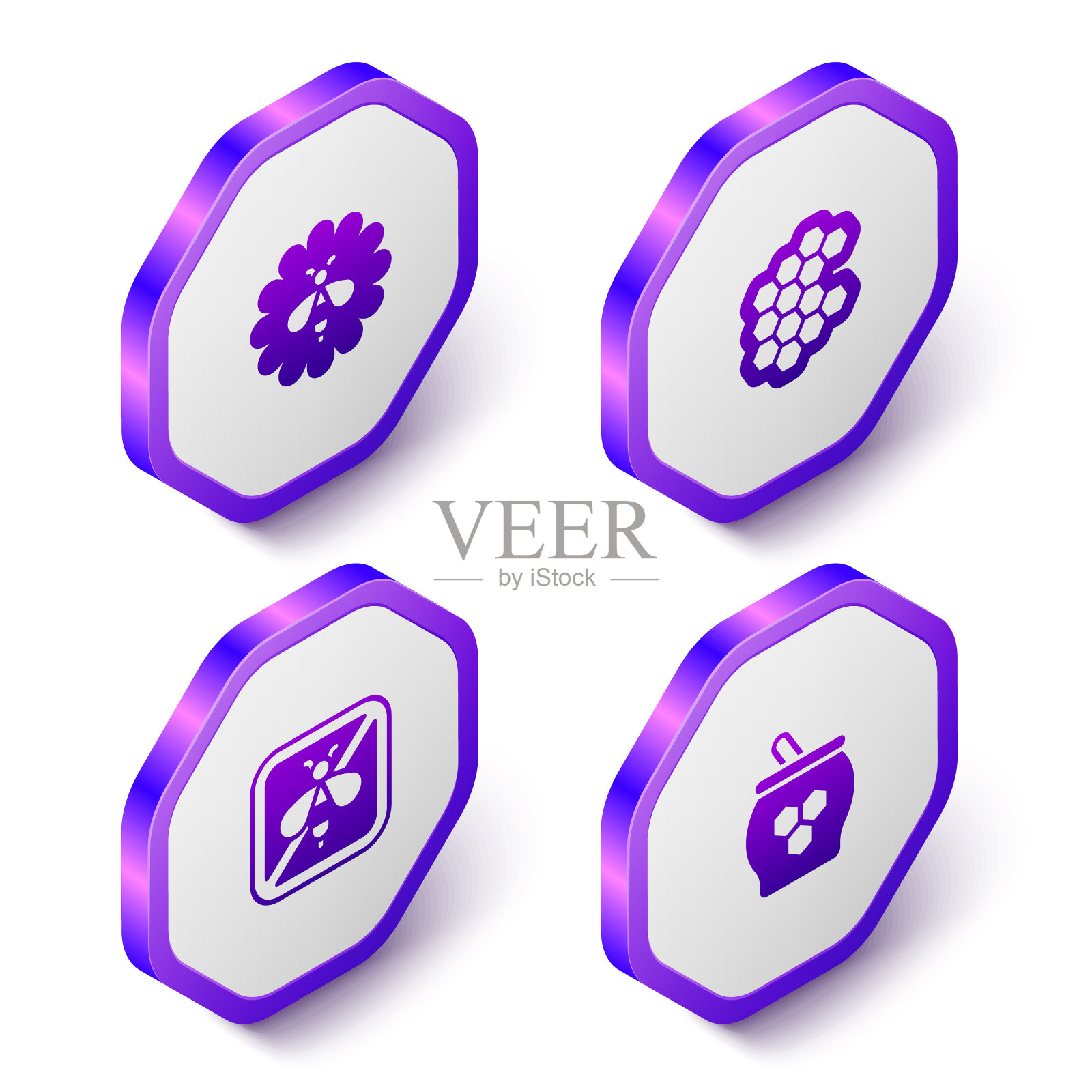 设置等距蜜蜂在花，蜂窝，停止蜜蜂和罐的蜂蜜和斗棒图标。紫色六边形按钮。向量图标素材