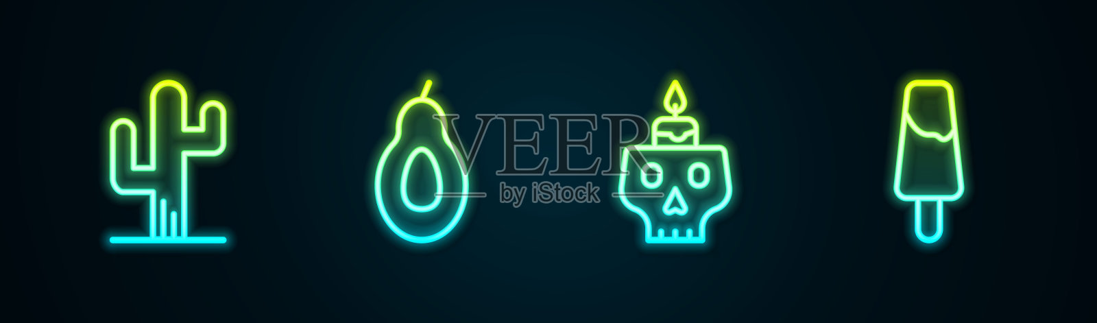 设线仙人掌，鳄梨，燃烧的蜡烛在头骨和冰棒冰淇淋。发光的霓虹灯图标。向量插画图片素材