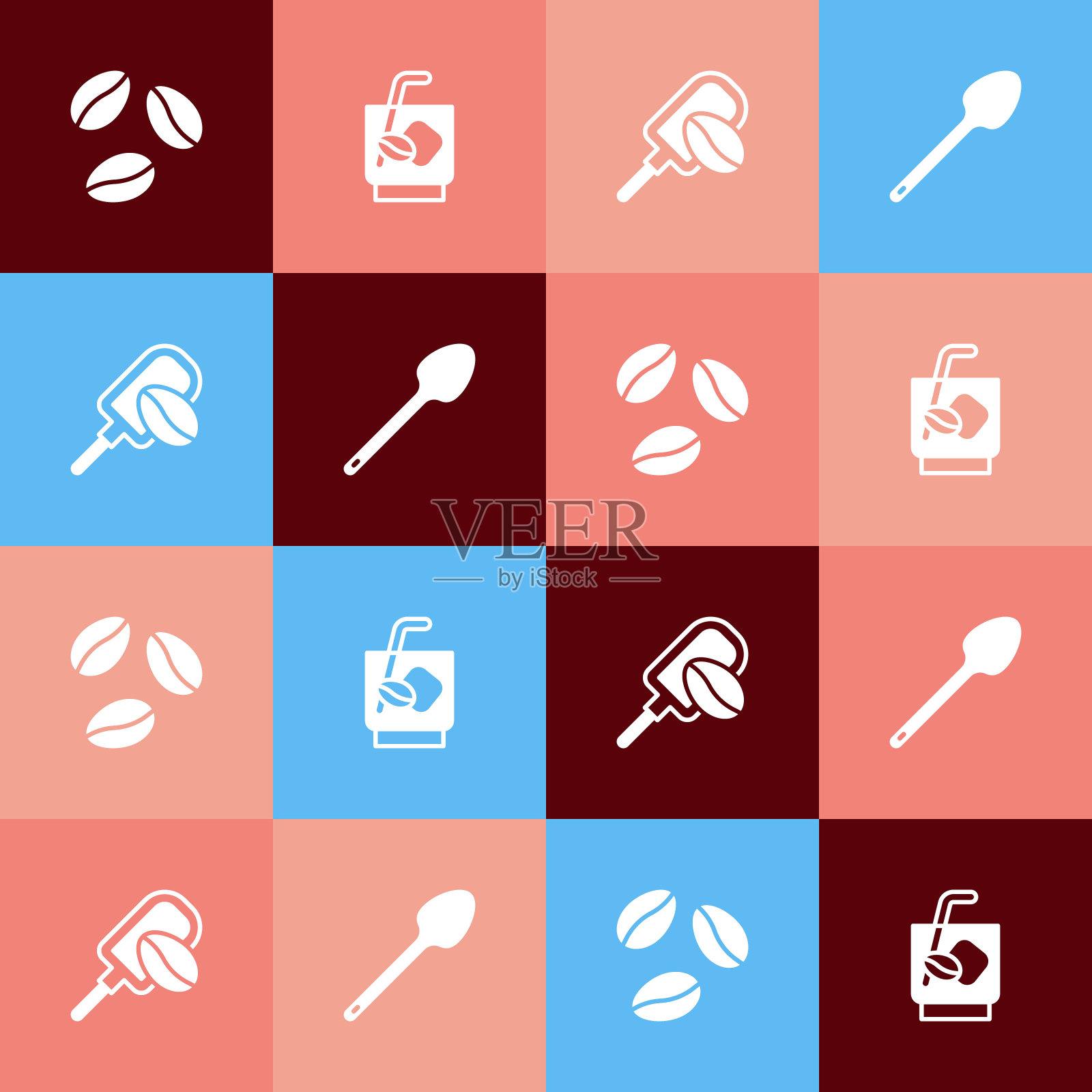 设置波普艺术咖啡豆，浓缩汤力咖啡，刮刀与谷物和茶匙图标。向量插画图片素材