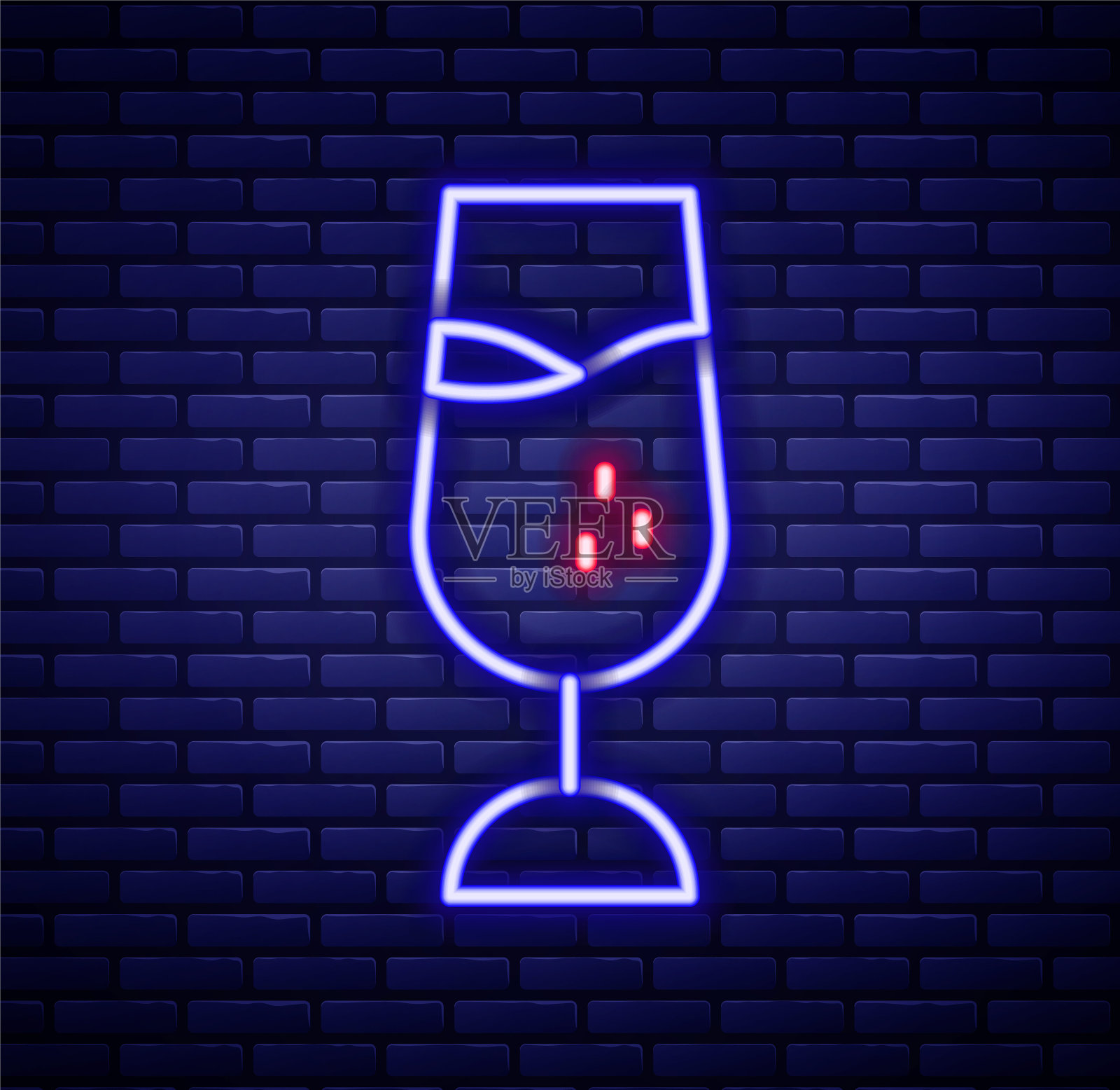 发光的霓虹灯线葡萄酒玻璃图标孤立的砖墙背景。葡萄酒杯的迹象。色彩缤纷的轮廓概念。向量插画图片素材