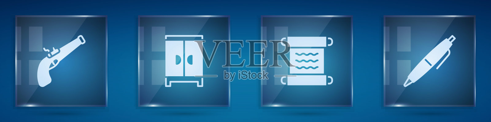 集复古手枪，衣柜，纸莎草卷轴和笔。方形玻璃板。向量插画图片素材