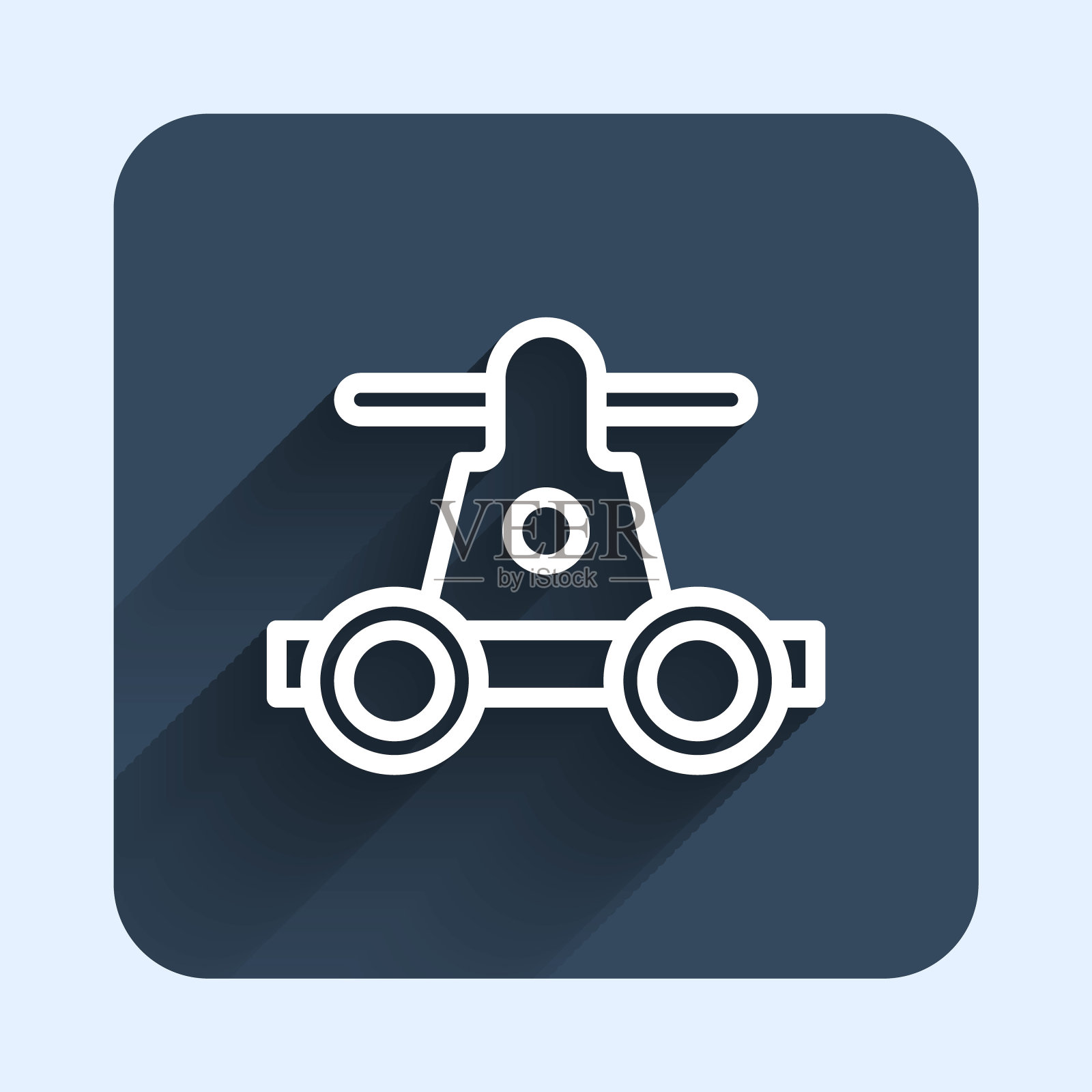 白线Draisine手扶铁路自行车交通图标孤立与长阴影背景。蓝色方形按钮。向量图标素材