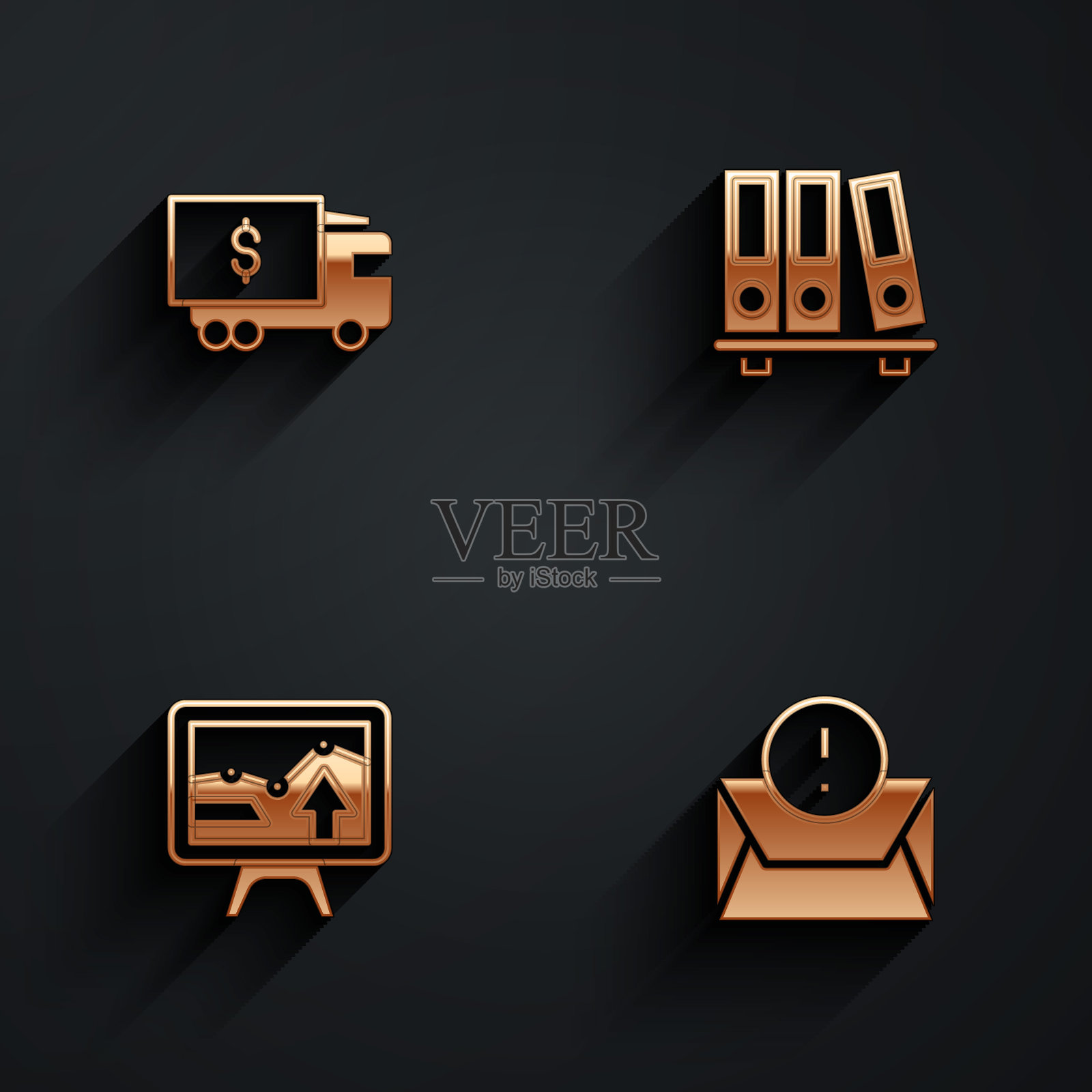 设置装甲卡车，办公室文件夹，监视器与图表和信封图标长阴影。向量图标素材