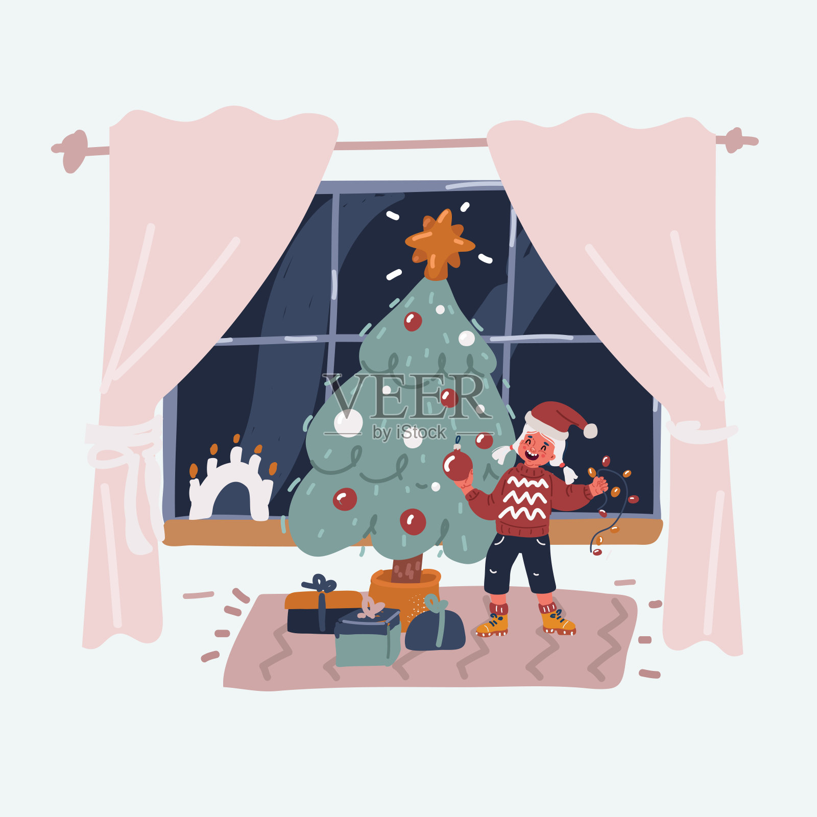 圣诞快乐和节日快乐的矢量插图!可爱的小女孩正在室内装饰圣诞树。插画图片素材
