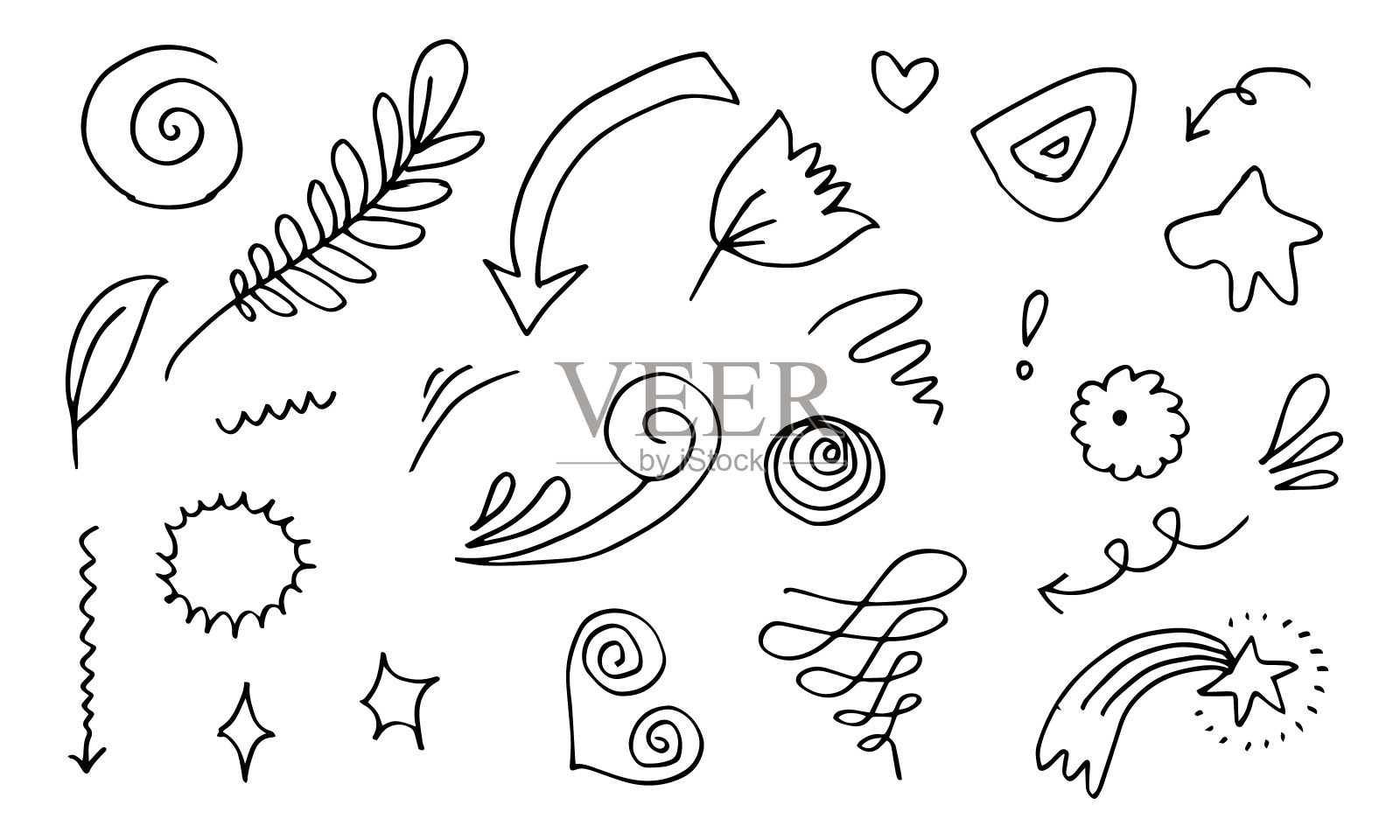 手绘集元素，黑色在白色的背景。箭，心，爱，星，叶，太阳，光，花，皇冠，国王，王后，swish，俯冲，强调，漩涡，心，为概念设计。插画图片素材