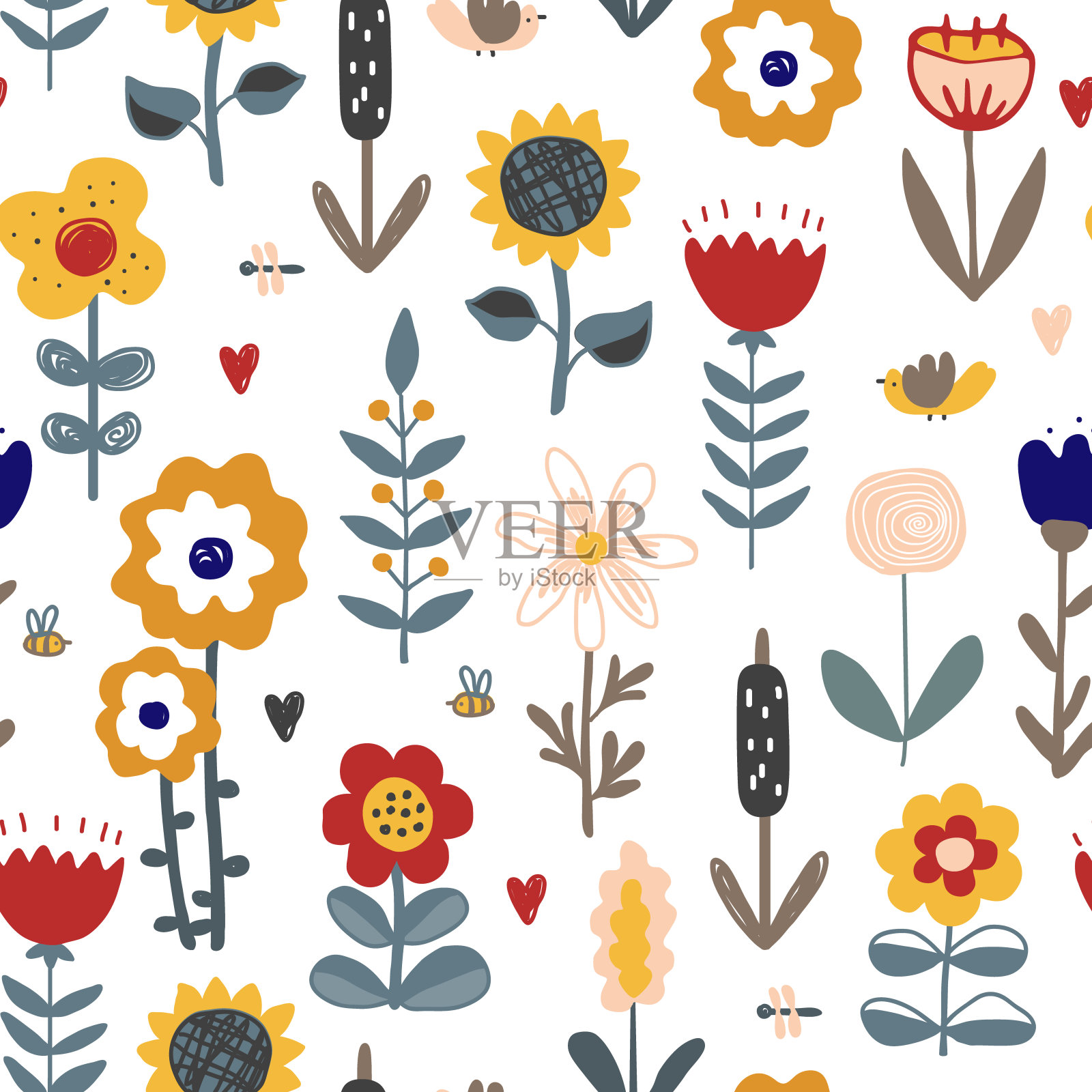 可爱的手绘花朵无缝图案。斯堪的纳维亚风格的托儿所或乡村背景。设计纺织品，问候，壁纸，包装纸，卡片，横幅。矢量图插画图片素材