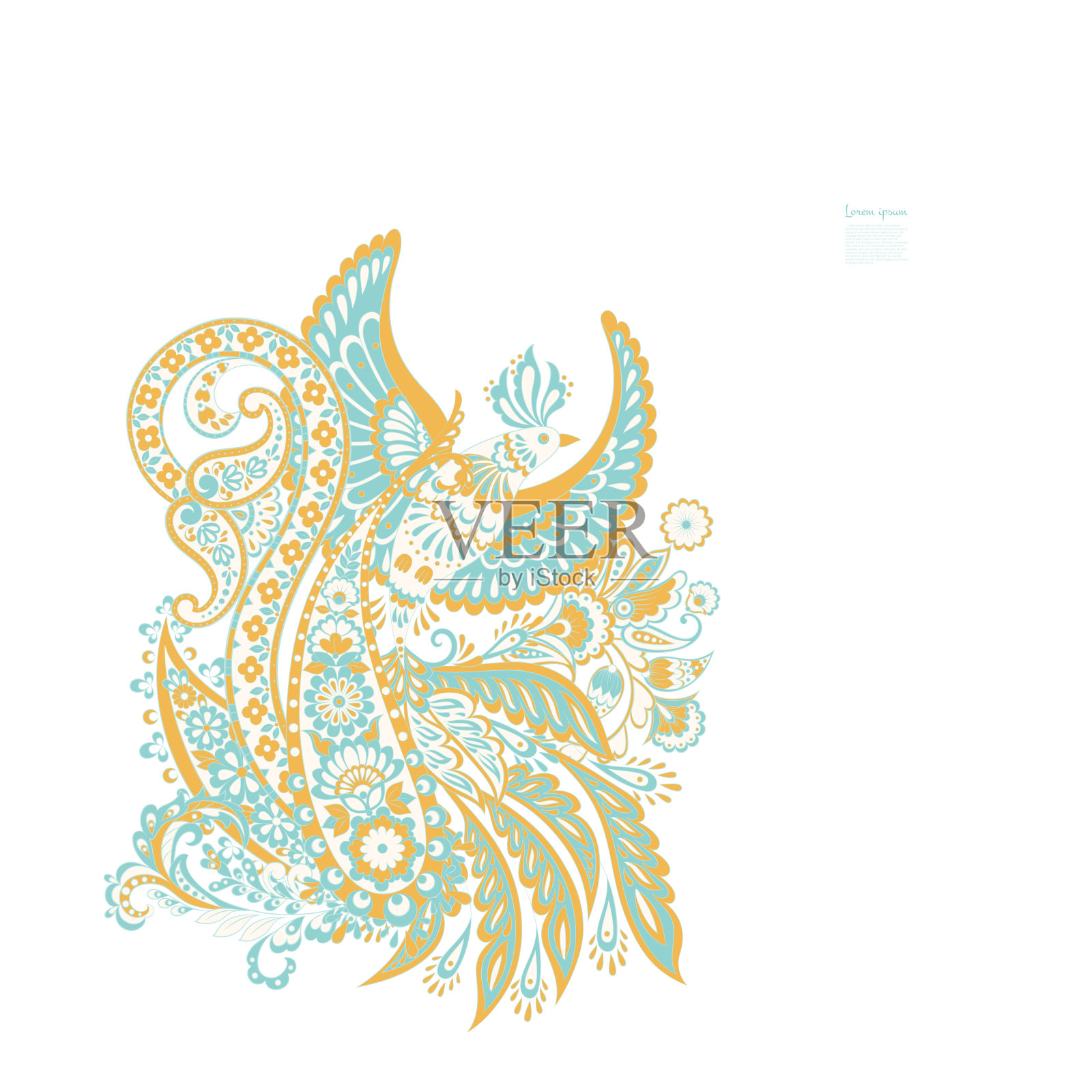 飞禽和佩斯利矢量孤立模式。复古印花插图蜡染风格插画图片素材