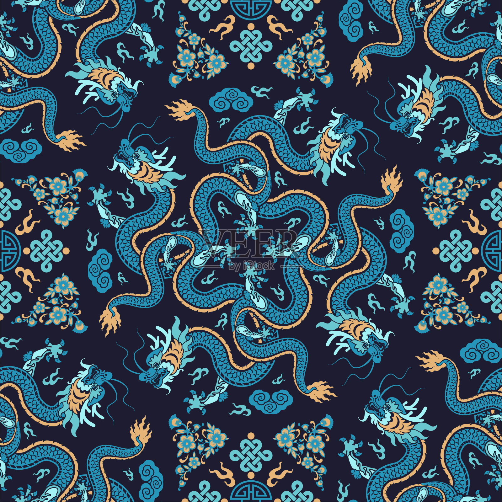 无缝图案快乐中国新年2024龙生肖与亚洲元素剪纸风格的彩色背景。(翻译:2024龙年新年快乐)插画图片素材