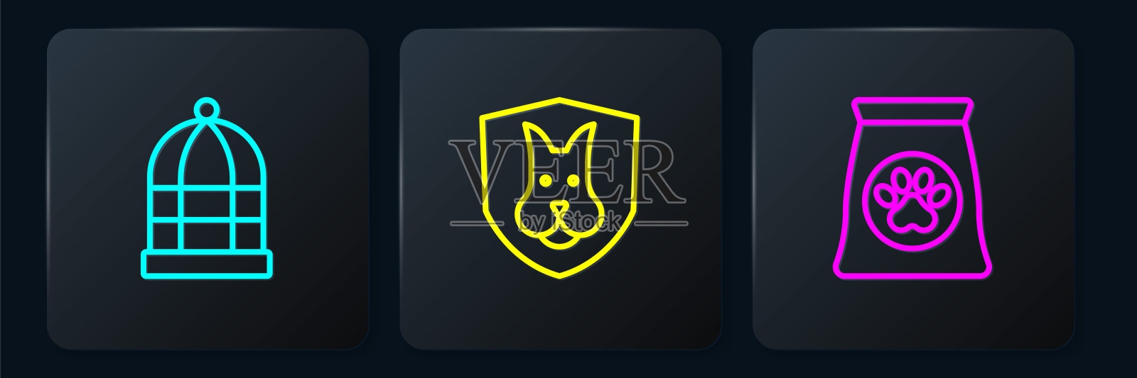 设鸟笼、宠物食品袋及动物健康保险。黑色方形按钮。向量插画图片素材