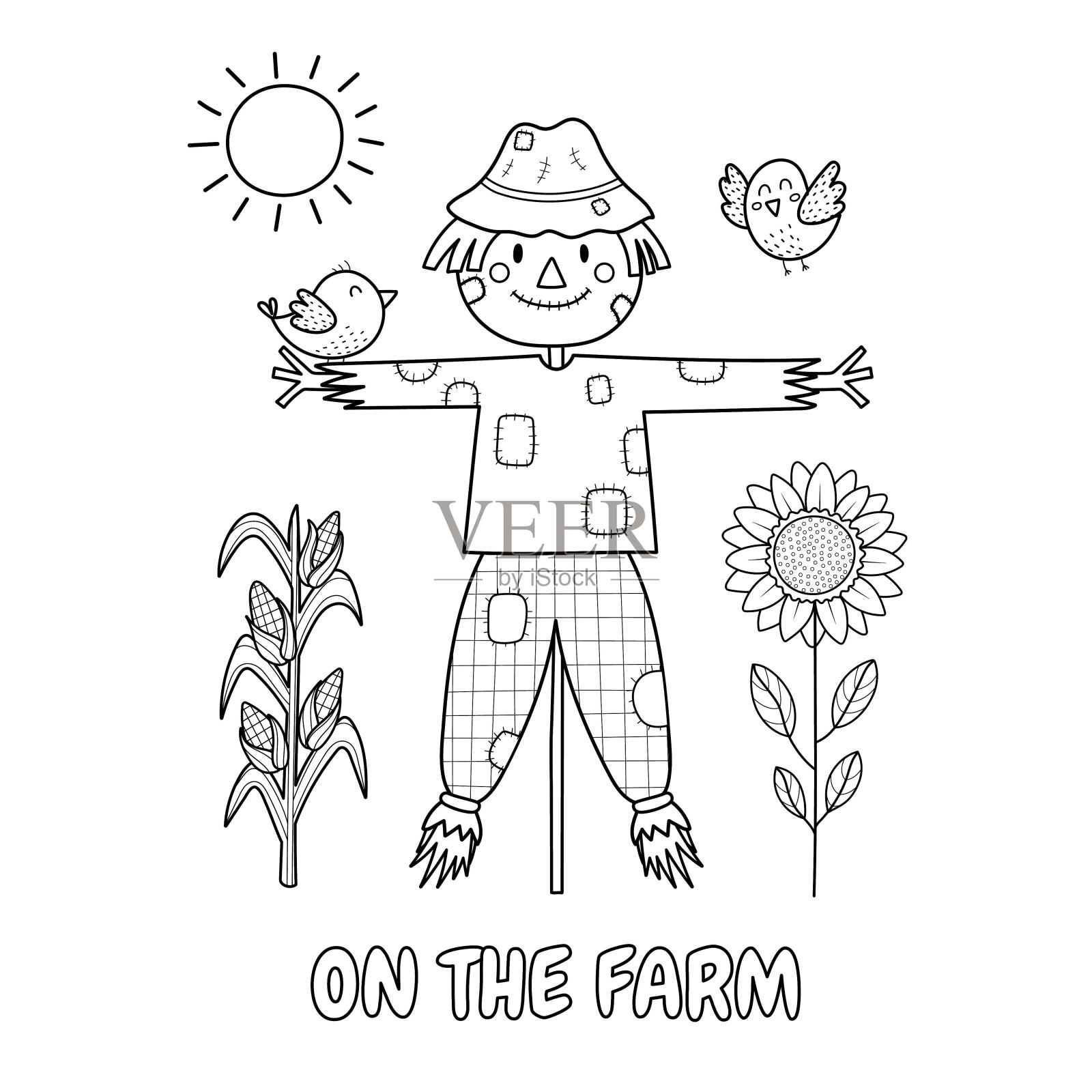 农场上黑白印着可爱的稻草人和小鸟。滑稽农场背景插画图片素材