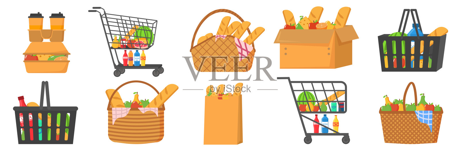 买杂货、纸和塑料袋插画图片素材