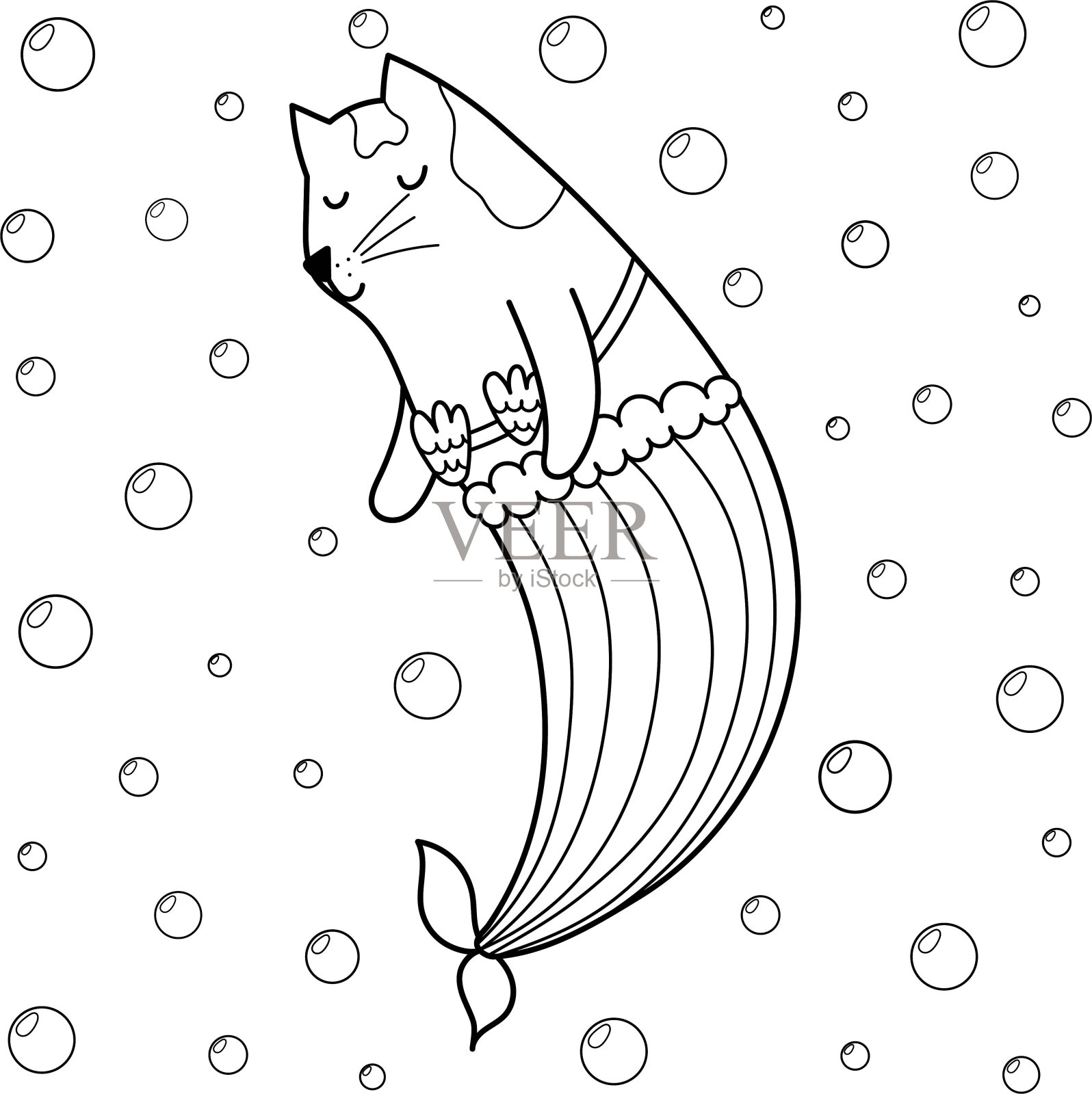 可爱的美人鱼猫水下着色页。有趣的猫角色插画图片素材