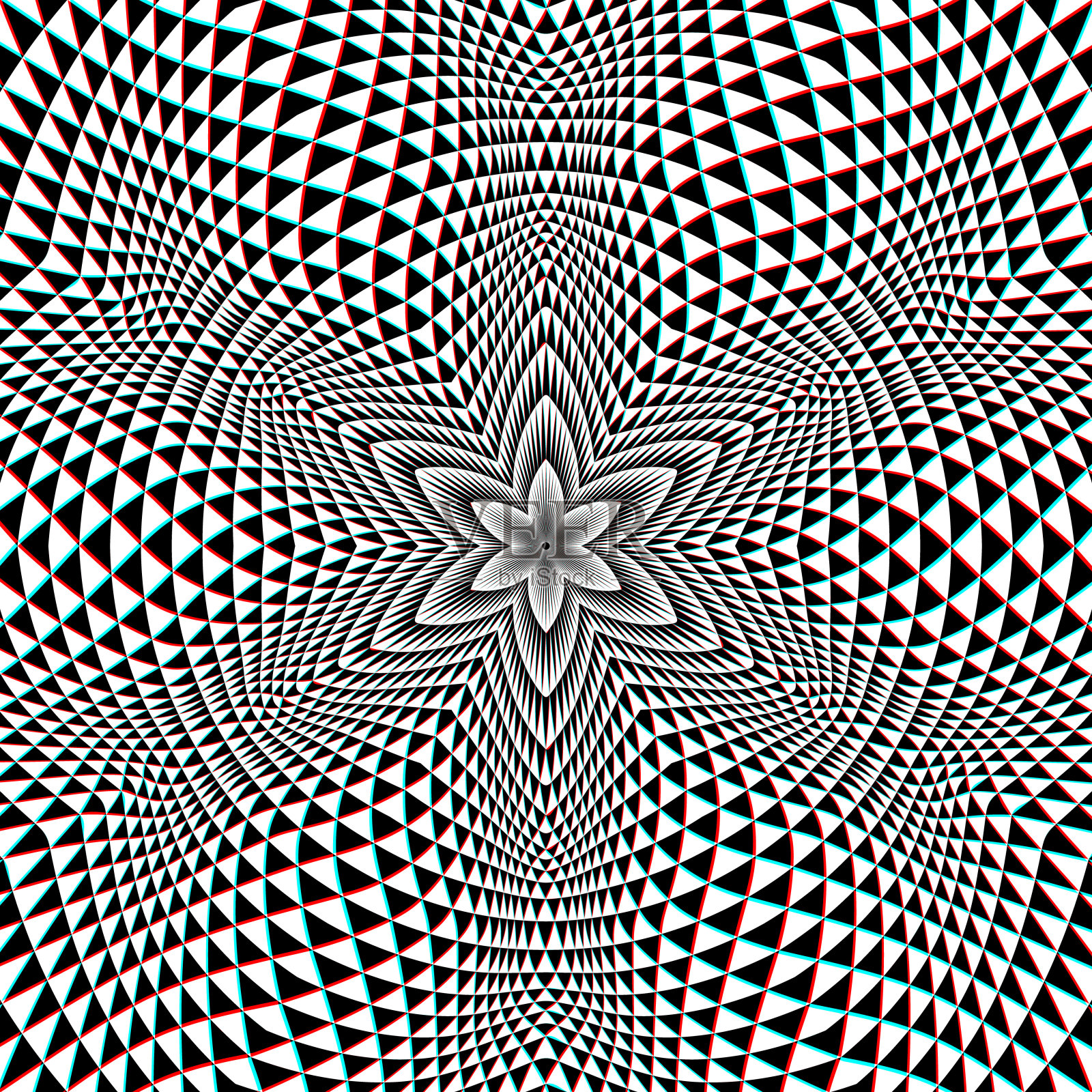 光学艺术背景由许多白、黑、红、青色三角形组成一个圆圈。迷幻的圆形六瓣装饰设计。插画图片素材