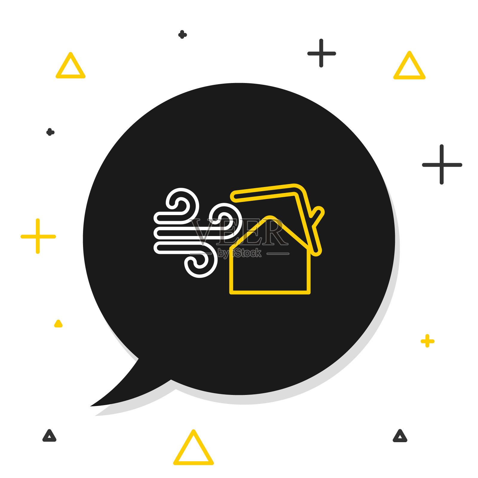 线龙卷风漩涡破坏房子的屋顶图标孤立的白色背景。旋风，旋风，风暴漏斗，飓风图标。色彩缤纷的轮廓概念。向量插画图片素材