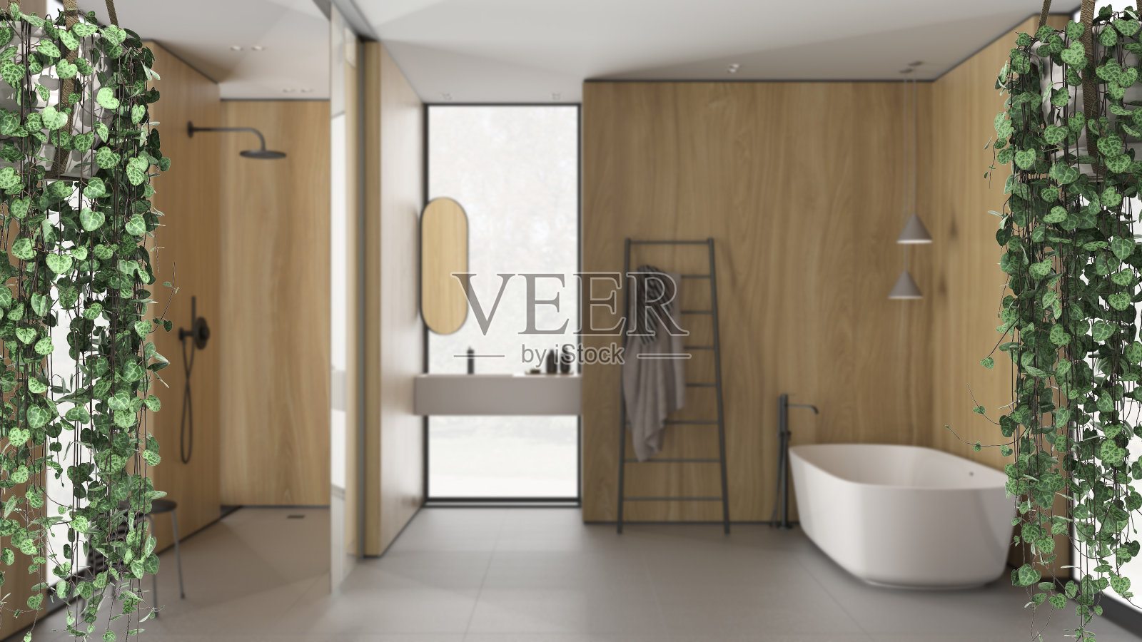 丛林框架，亲生物概念理念室内设计。热带树叶覆盖着带淋浴和浴缸的迷你浴室。悬挂植物照片摄影图片