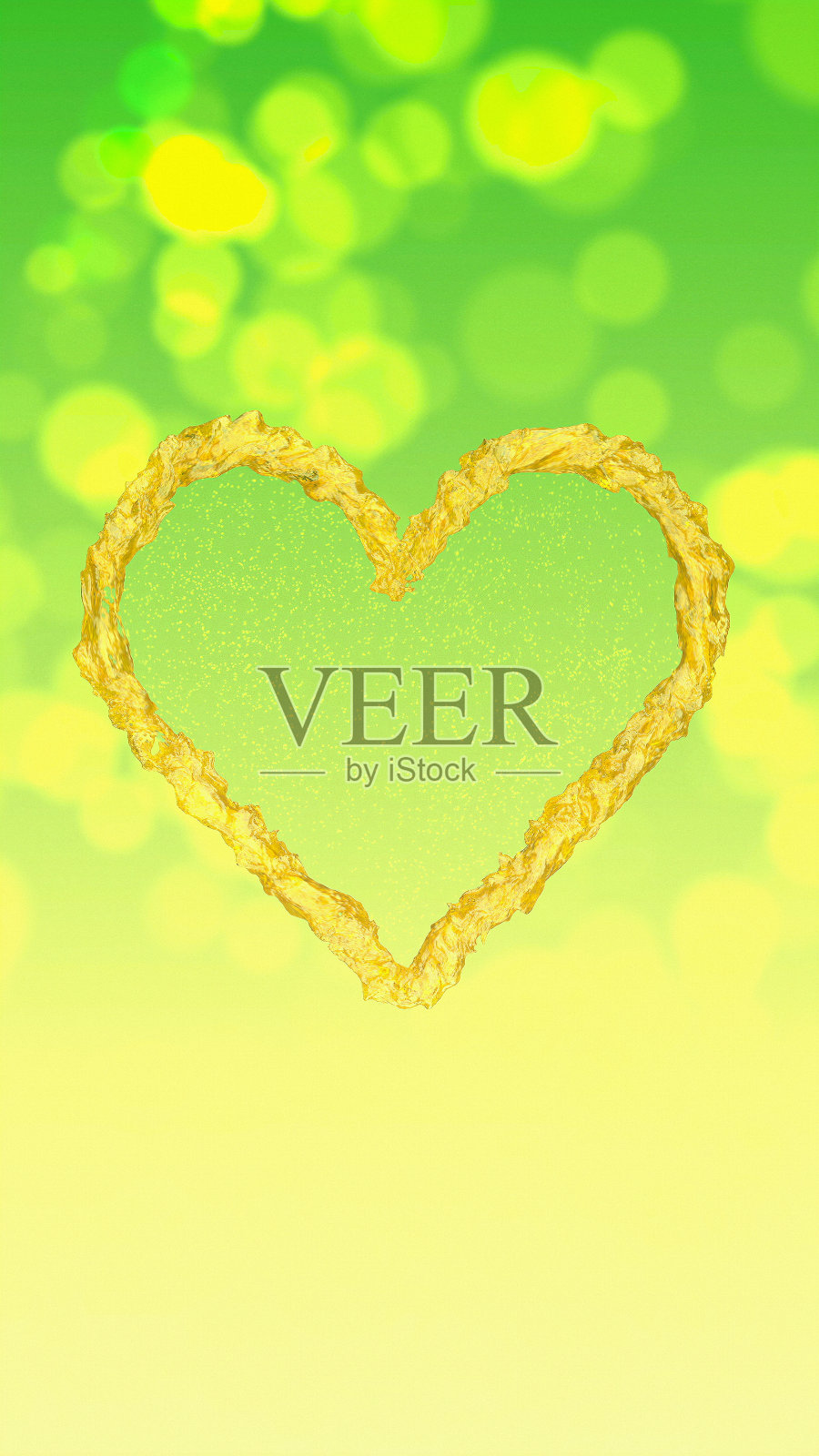 黄绿散景背景上的金色心照片摄影图片