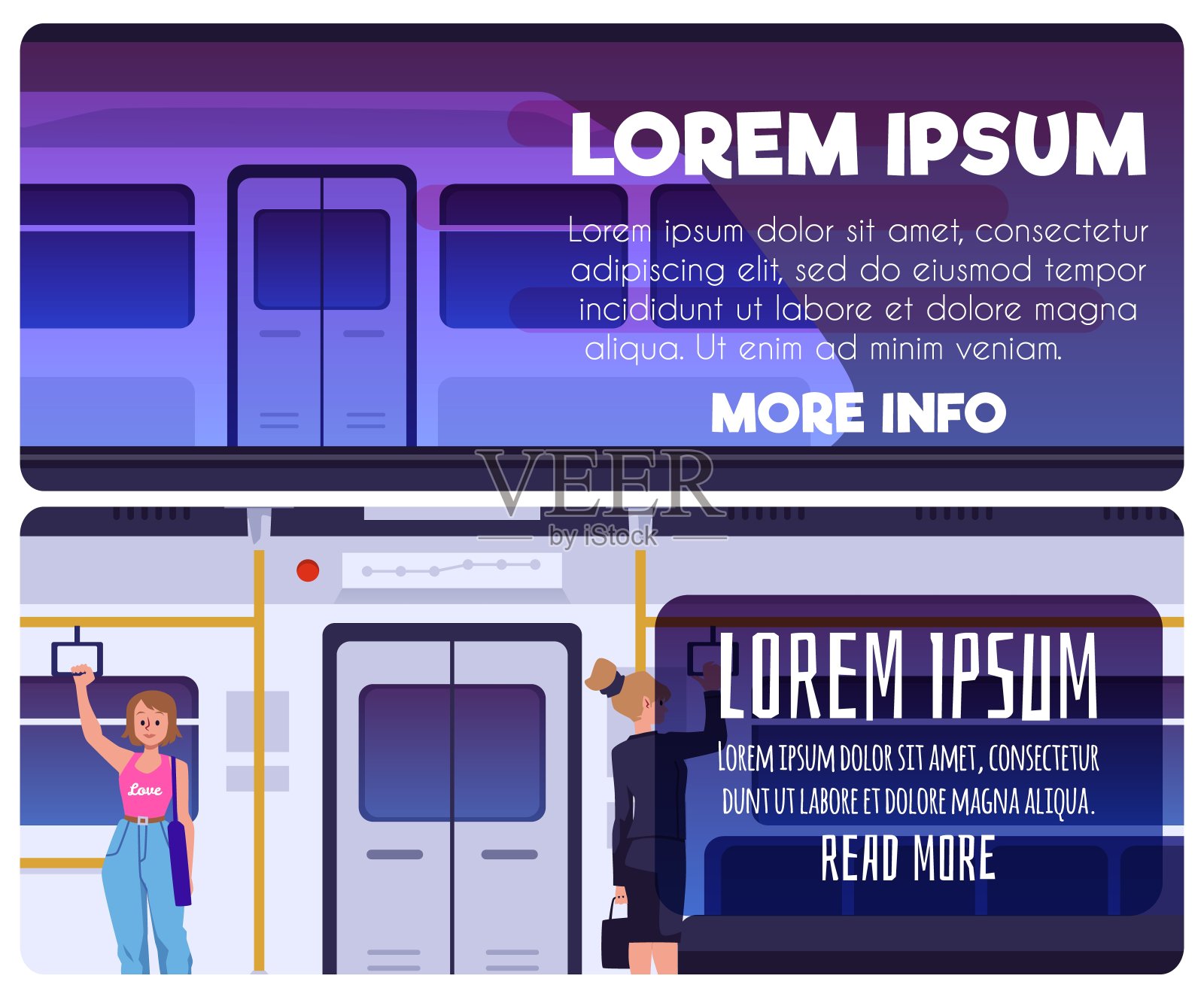 一组矢量横幅，带有自动门的地铁列车到达地铁站台的传单，站在地铁列车上的人的插图，地铁，握着公共交通工具的把手。插画图片素材