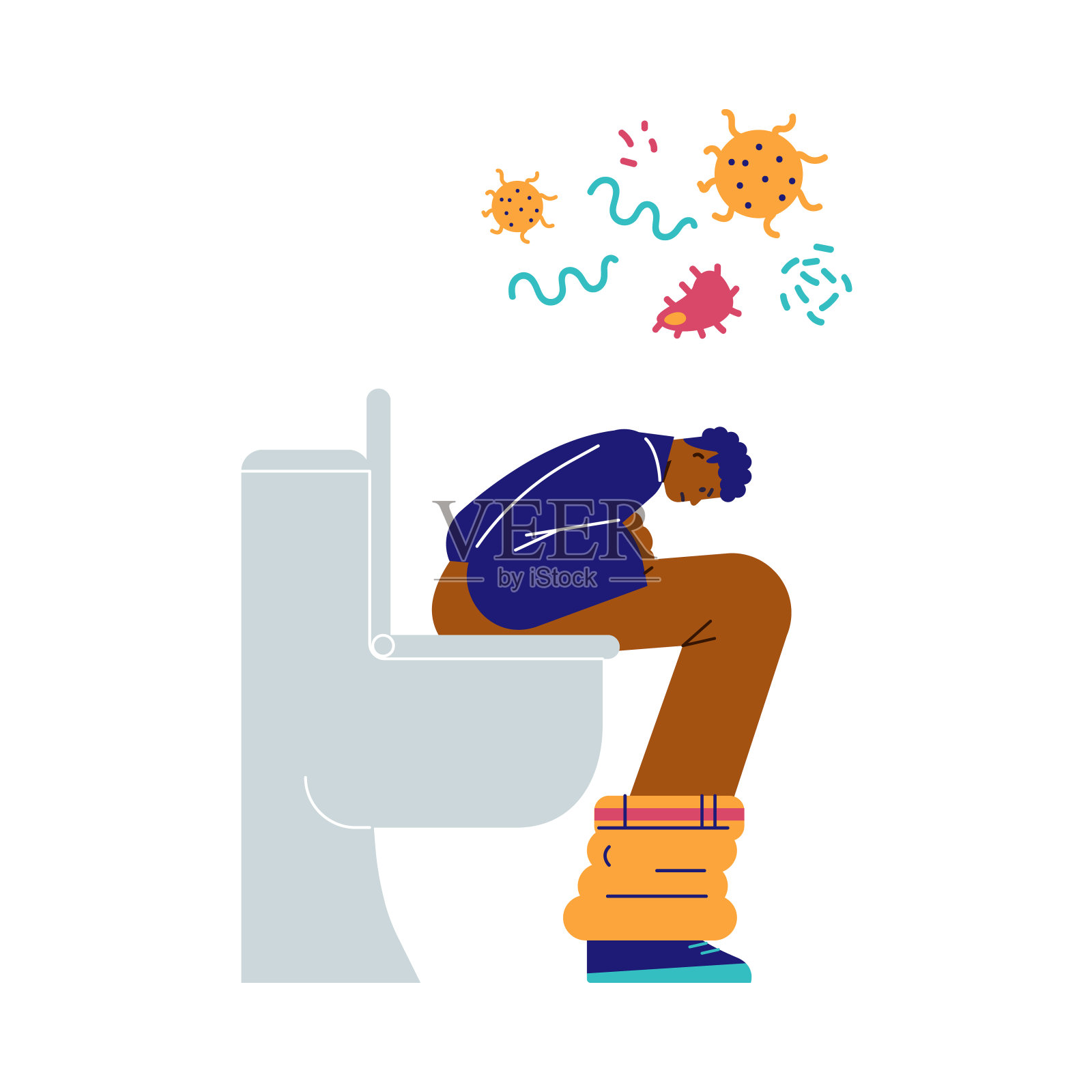 男人坐在马桶上，想着细菌和细菌的扁平风格插画图片素材