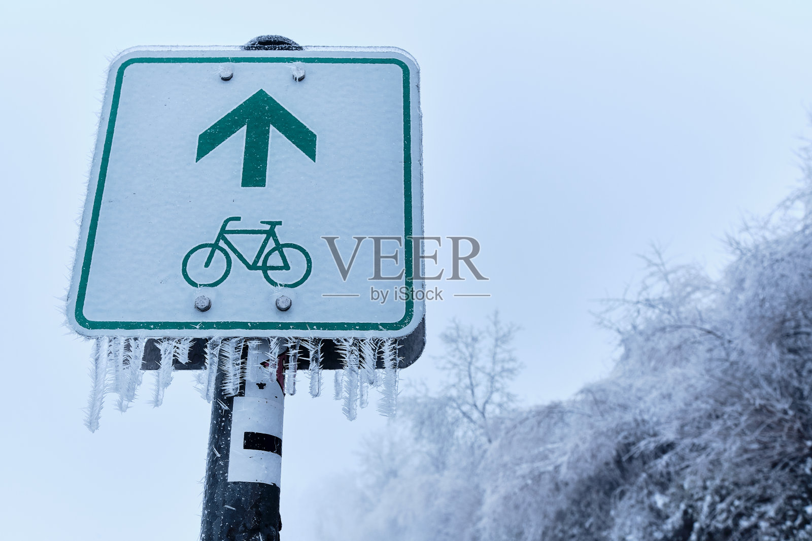 冰冻的交通标志“自行车道”照片摄影图片