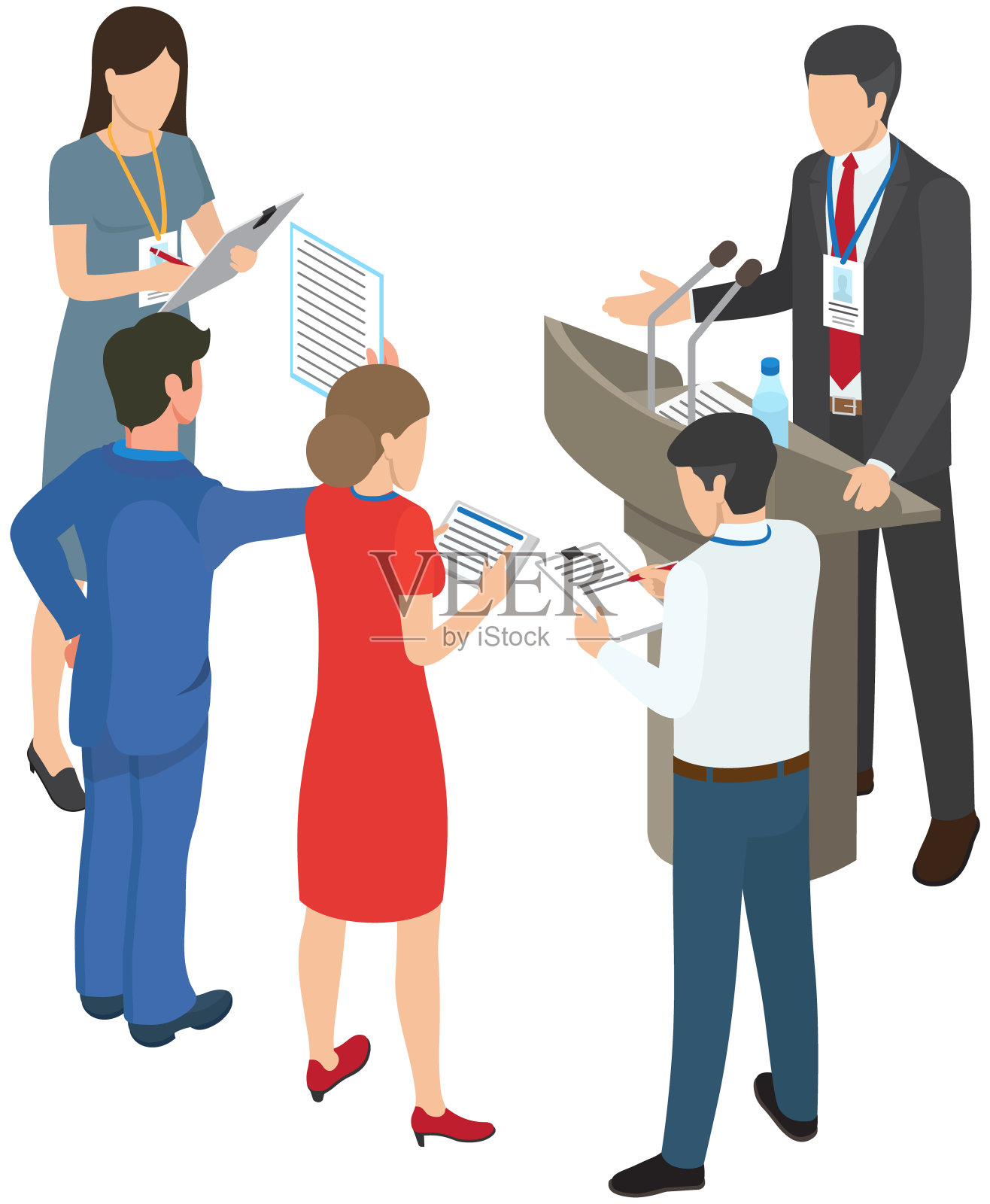 会议或采访，记者带着麦克风，演讲人站在讲台后面。业务伙伴关系插画图片素材