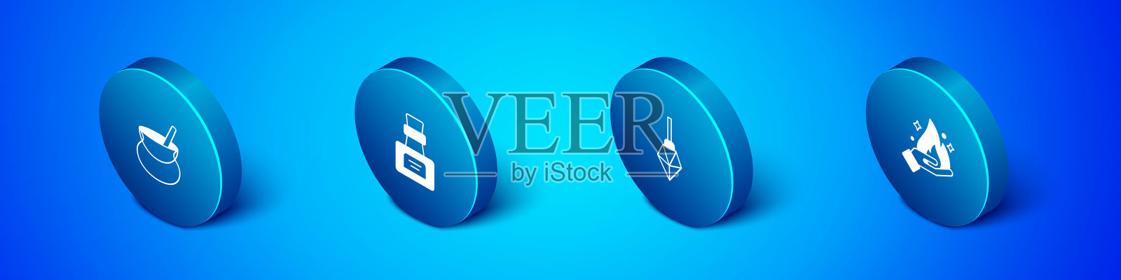 设置等距女巫坩埚，魔法石，手持火和瓶子与药水图标。向量图标素材