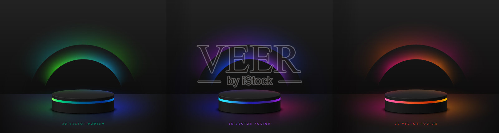 一套3D逼真的黑色圆柱裙台与红色，绿色，蓝色发光的霓虹灯水平背景。墙上最小场景样机产品舞台展示，促销展示。抽象矢量空房间。插画图片素材
