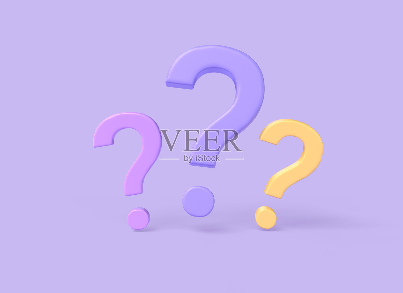 紫色背景上的一组问号。三维渲染图照片摄影图片
