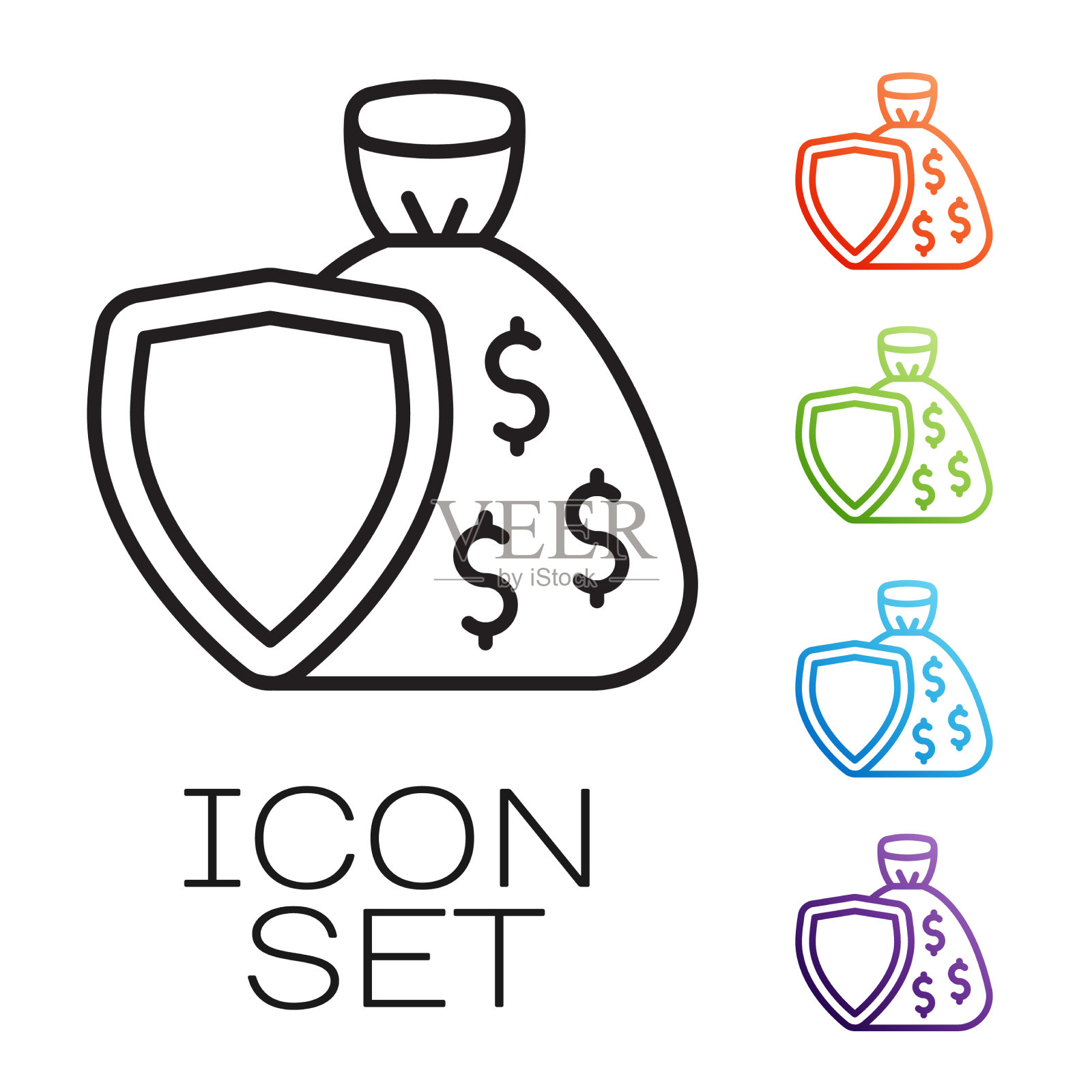 黑线盾牌和带有美元符号的钱袋图标素材