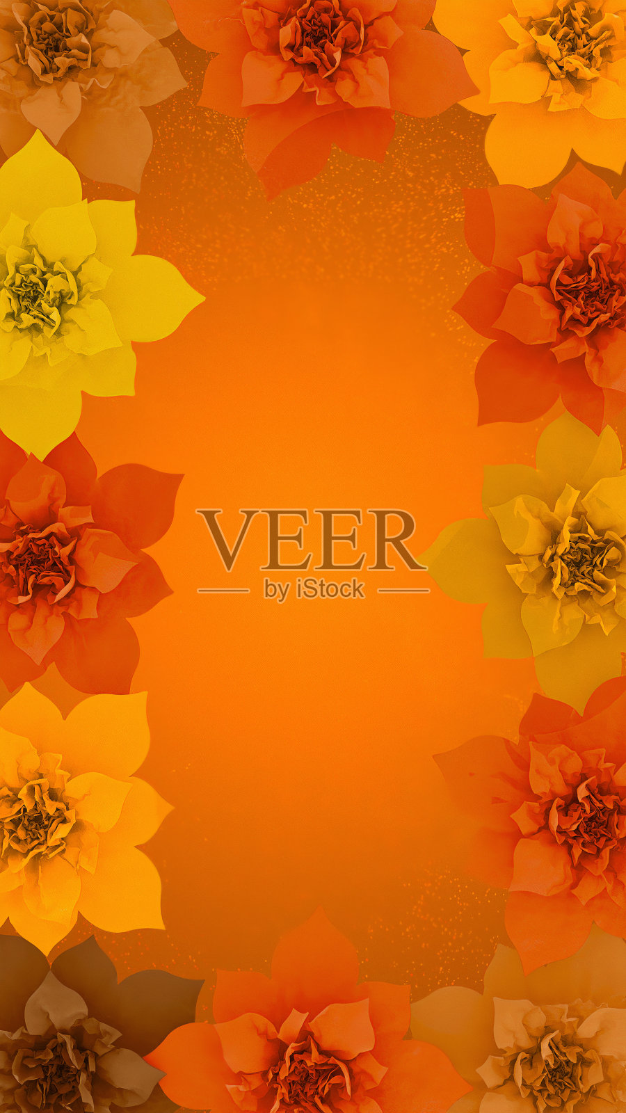 盛开的彩色花朵周围的橙色背景照片摄影图片