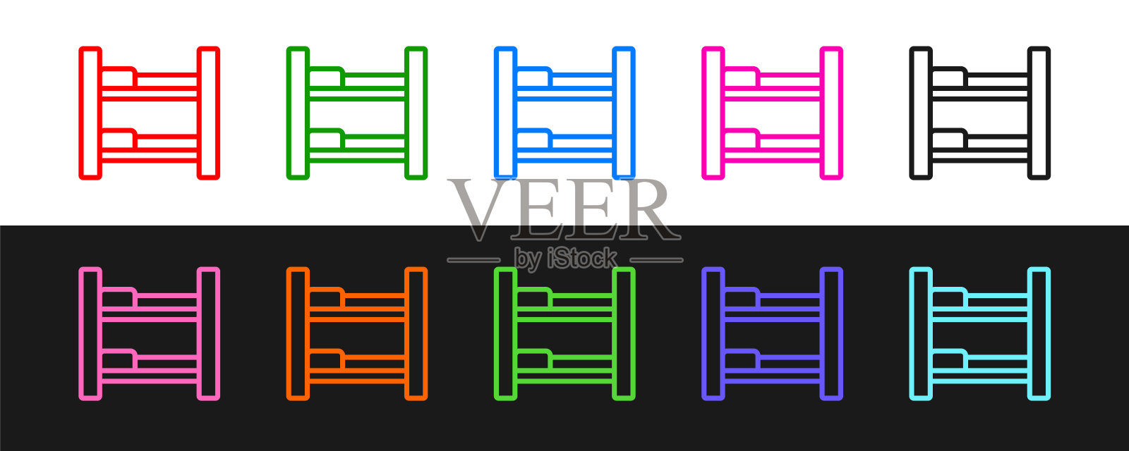 设置线酒店房间床图标孤立的黑色和白色的背景。向量图标素材