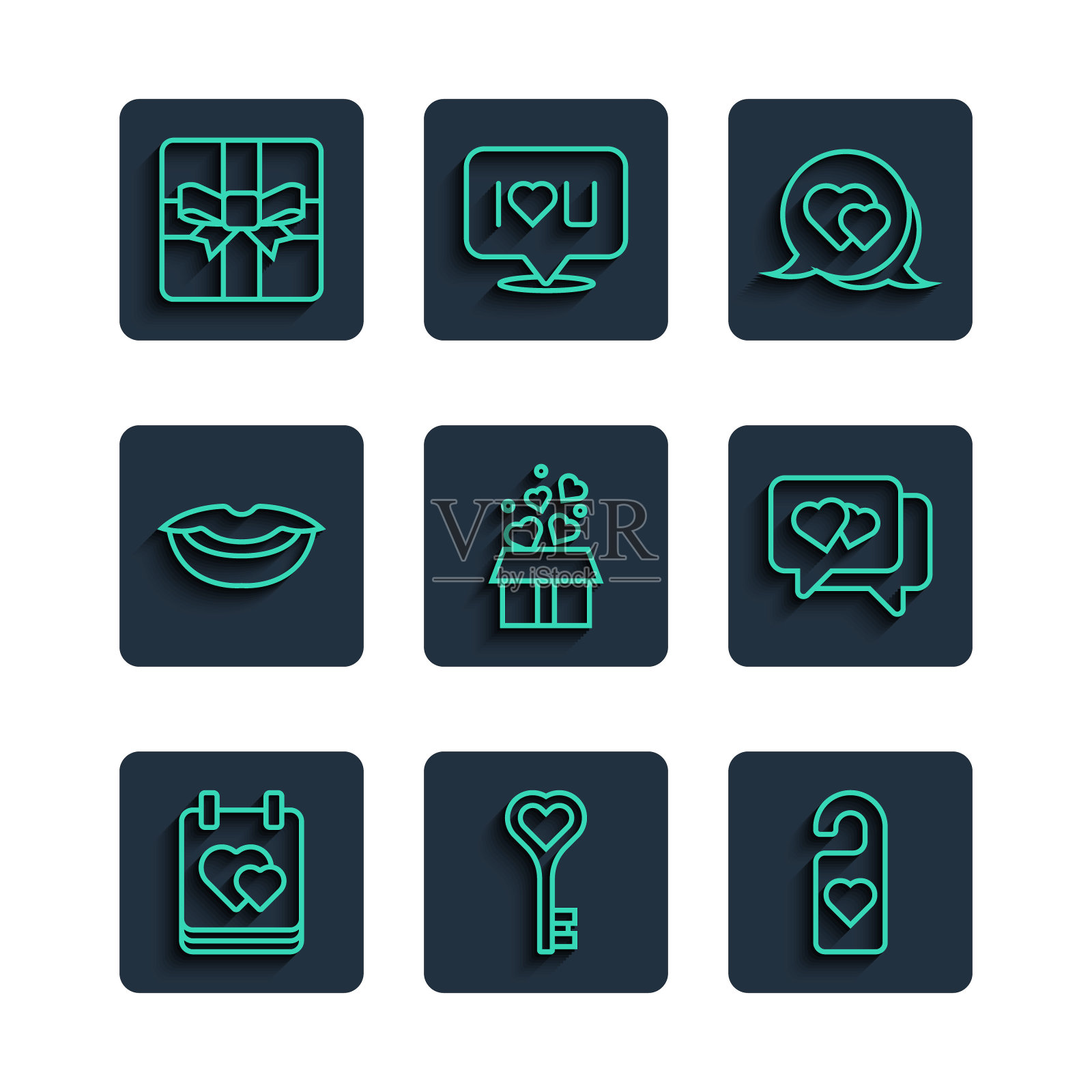 设置线日历与心，键在形状，请不要打扰，心语音气泡，礼盒心，微笑的嘴唇，和图标。向量图标素材