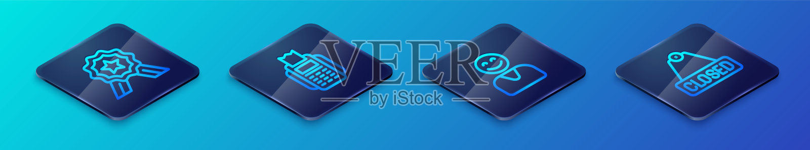 设置等距线，满意的客户，星级评级，悬挂标志与文字关闭和POS终端图标。向量图标素材