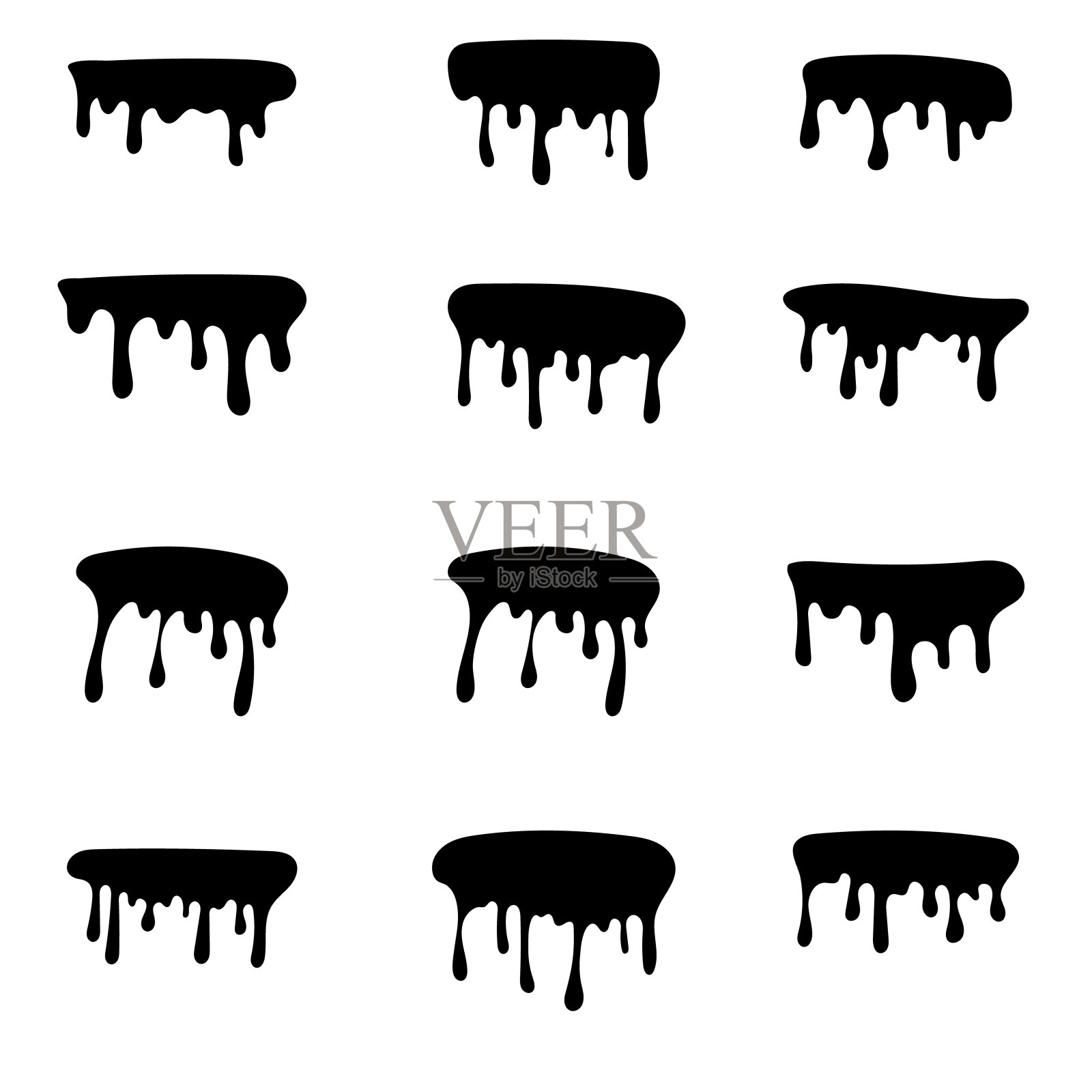 黑色融化滴油漆收集。融化滴画抽象液体矢量元素。边框和滴墨集插画图片素材