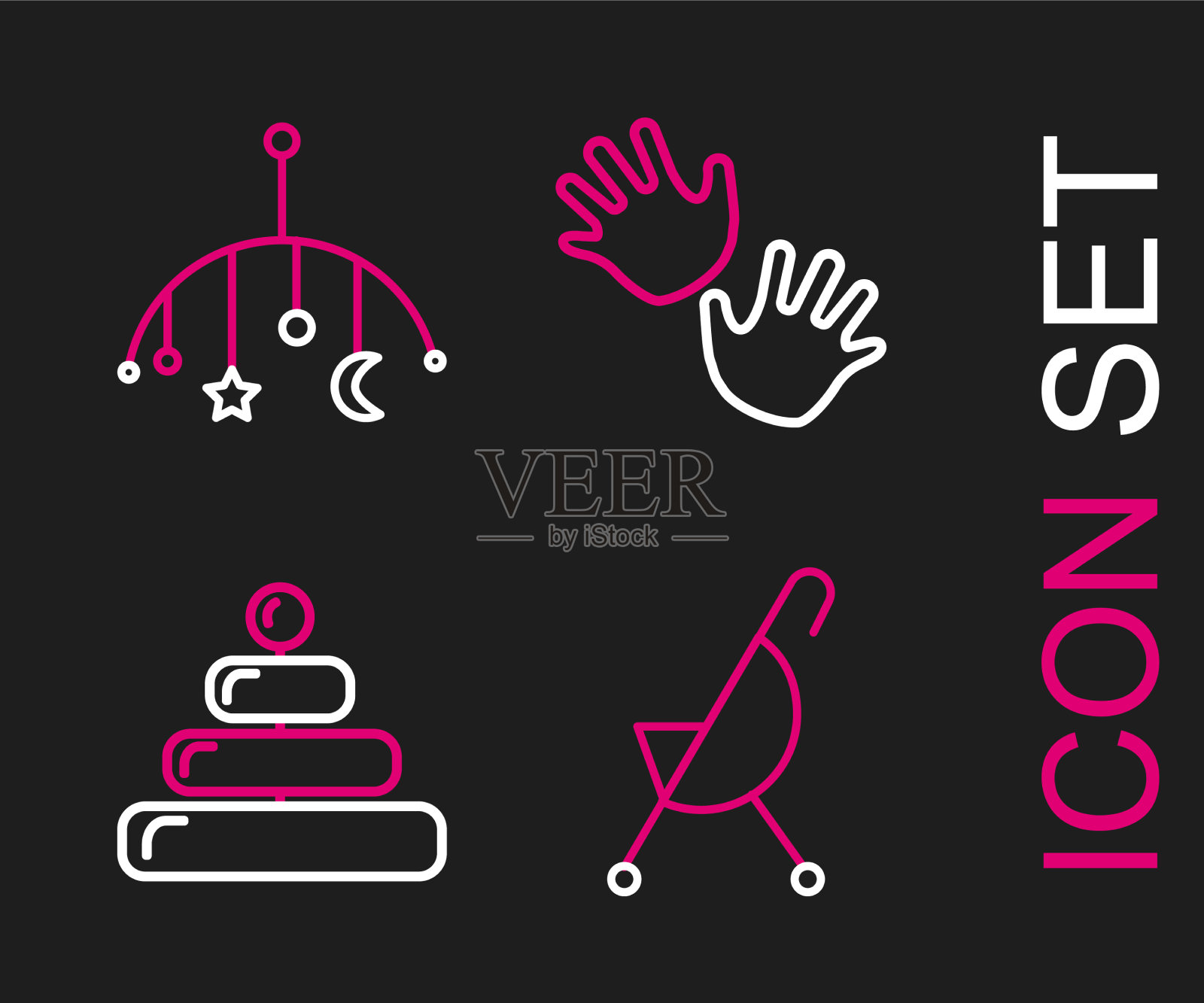 设置线婴儿推车金字塔玩具手打印图标素材