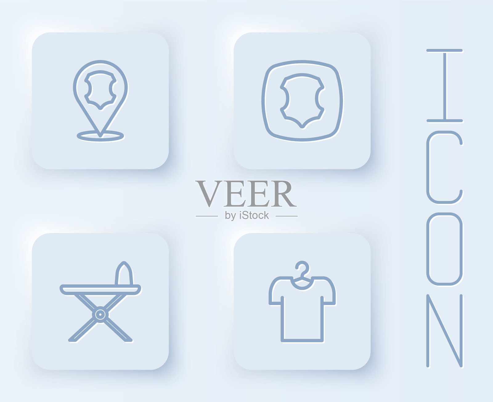 设置线皮革，电熨斗和熨衣板和t恤衣架。白色方形按钮。向量插画图片素材